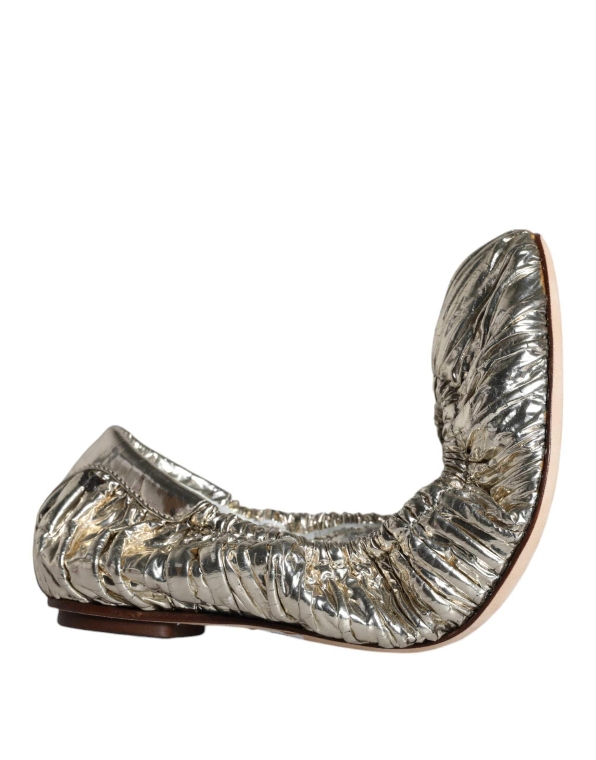 Dolce & Gabbana Silver Patent Leather Scrunch Ballet Flats Shoes - Hilstor