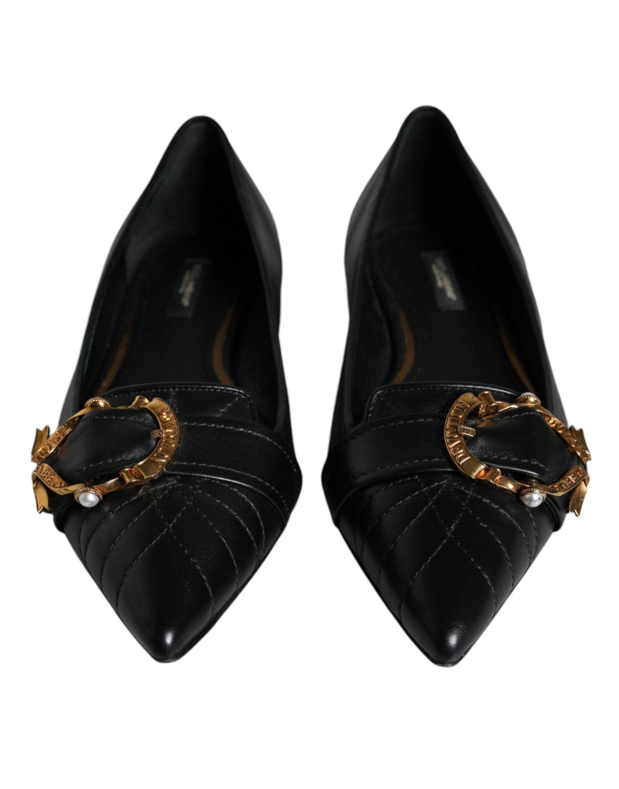 Dolce & Gabbana Black Devotion Leather Pointy Flats Shoes - Hilstor