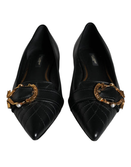 Dolce & Gabbana Black Devotion Leather Pointy Flats Shoes - Hilstor