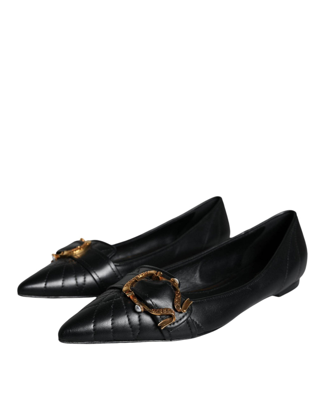 Dolce & Gabbana Black Devotion Leather Pointy Flats Shoes - Hilstor