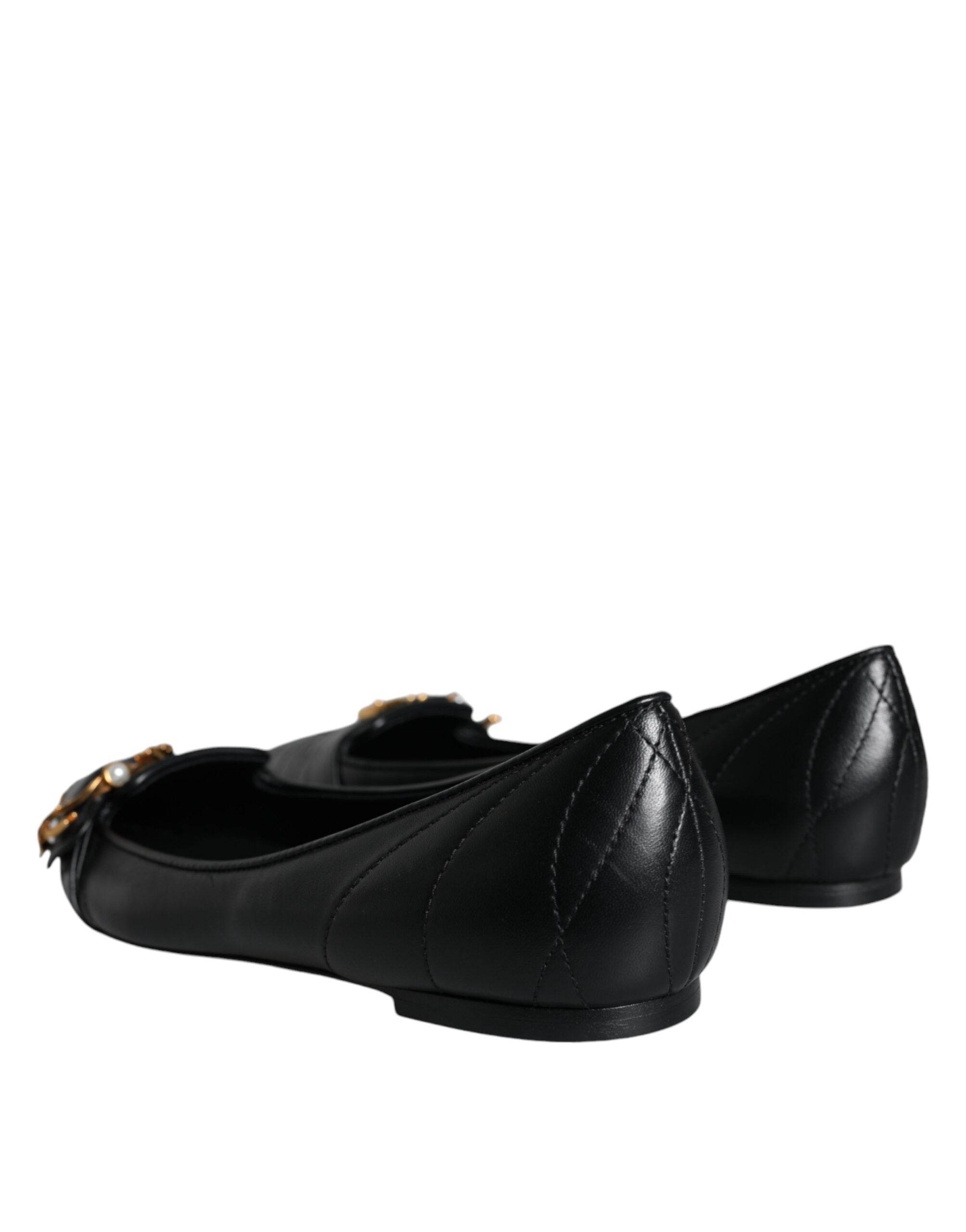 Dolce & Gabbana Black Devotion Leather Pointy Flats Shoes - Hilstor