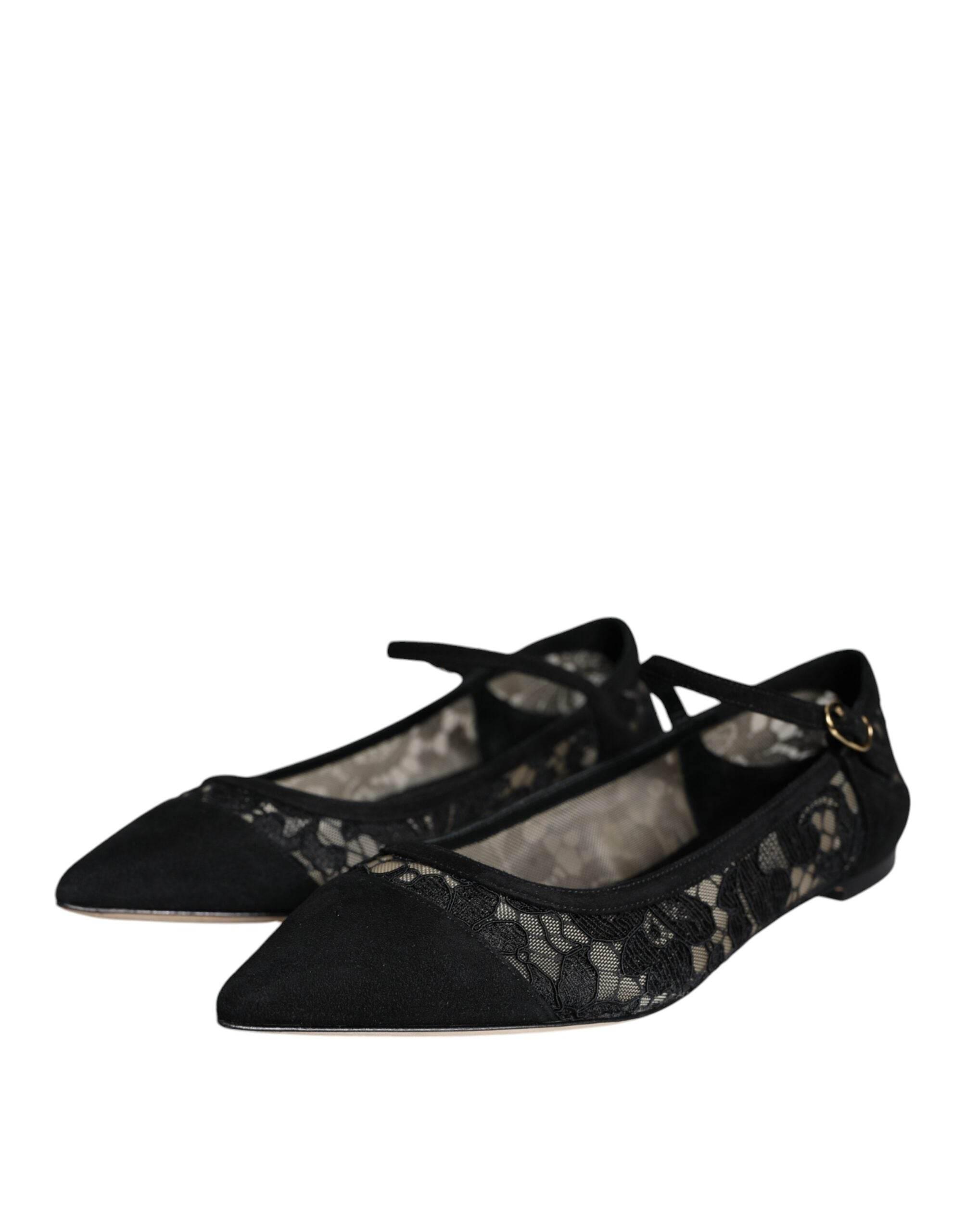 Dolce & Gabbana Black Taormina Lace Bellucci Flats Shoes - Hilstor