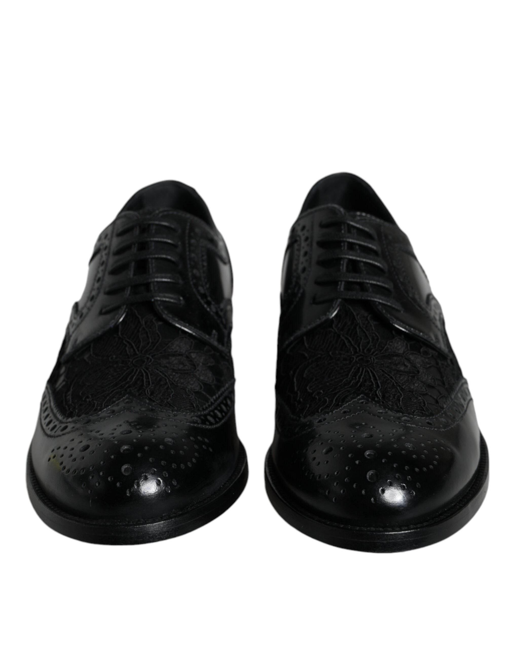 Dolce & Gabbana Black Leather Floral Lace Dress Formal Shoes - Hilstor