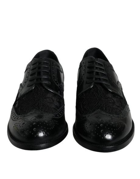 Dolce & Gabbana Black Leather Floral Lace Dress Formal Shoes - Hilstor