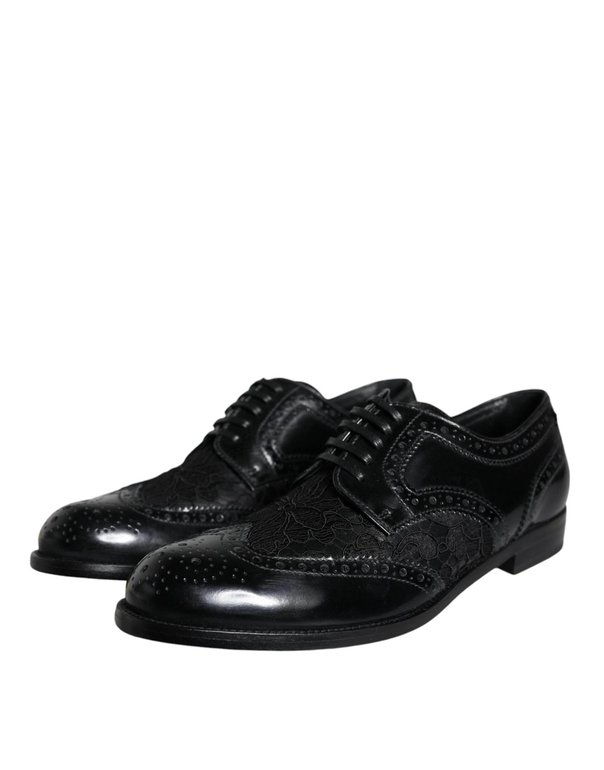 Dolce & Gabbana Black Leather Floral Lace Dress Formal Shoes - Hilstor