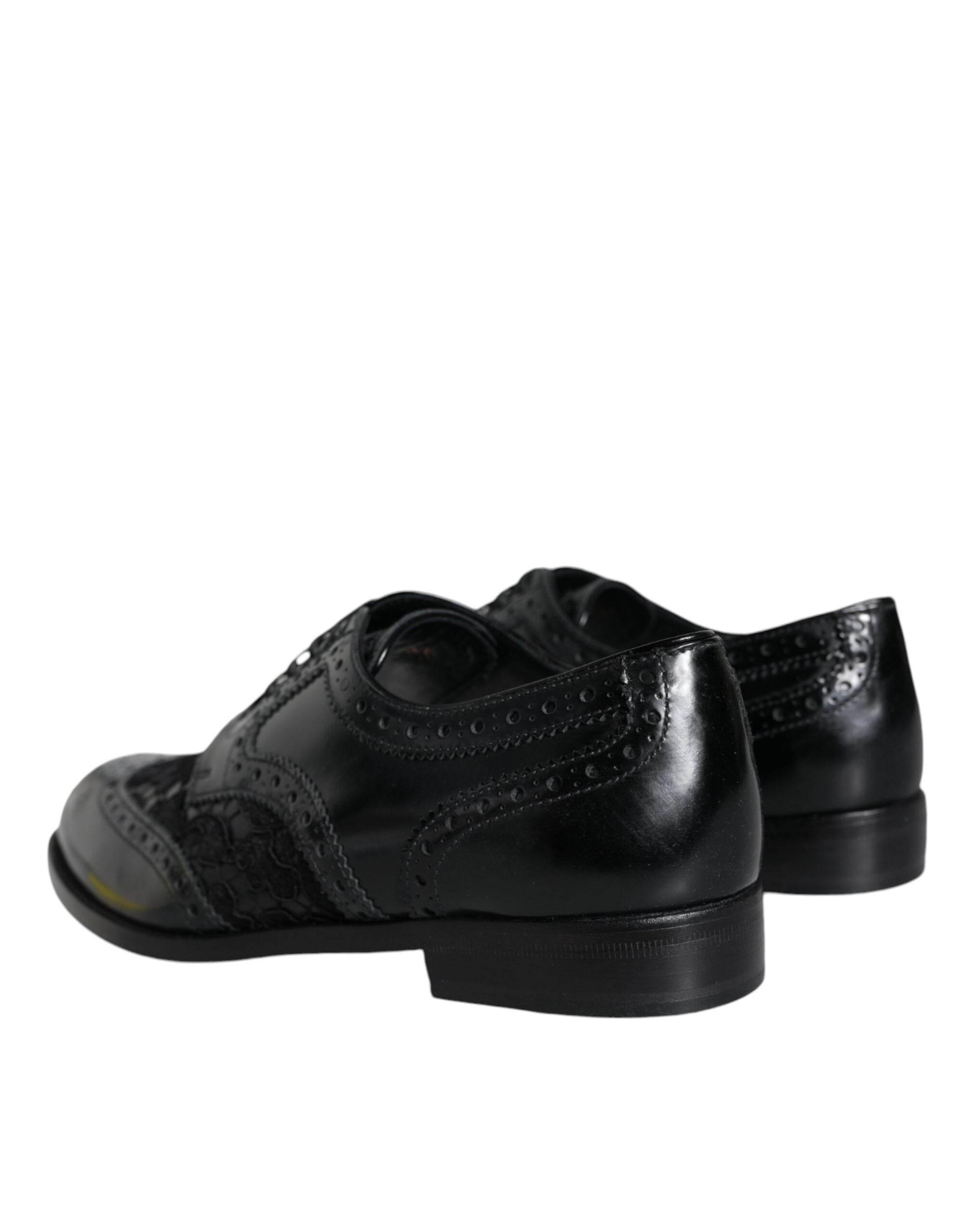 Dolce & Gabbana Black Leather Floral Lace Dress Formal Shoes - Hilstor