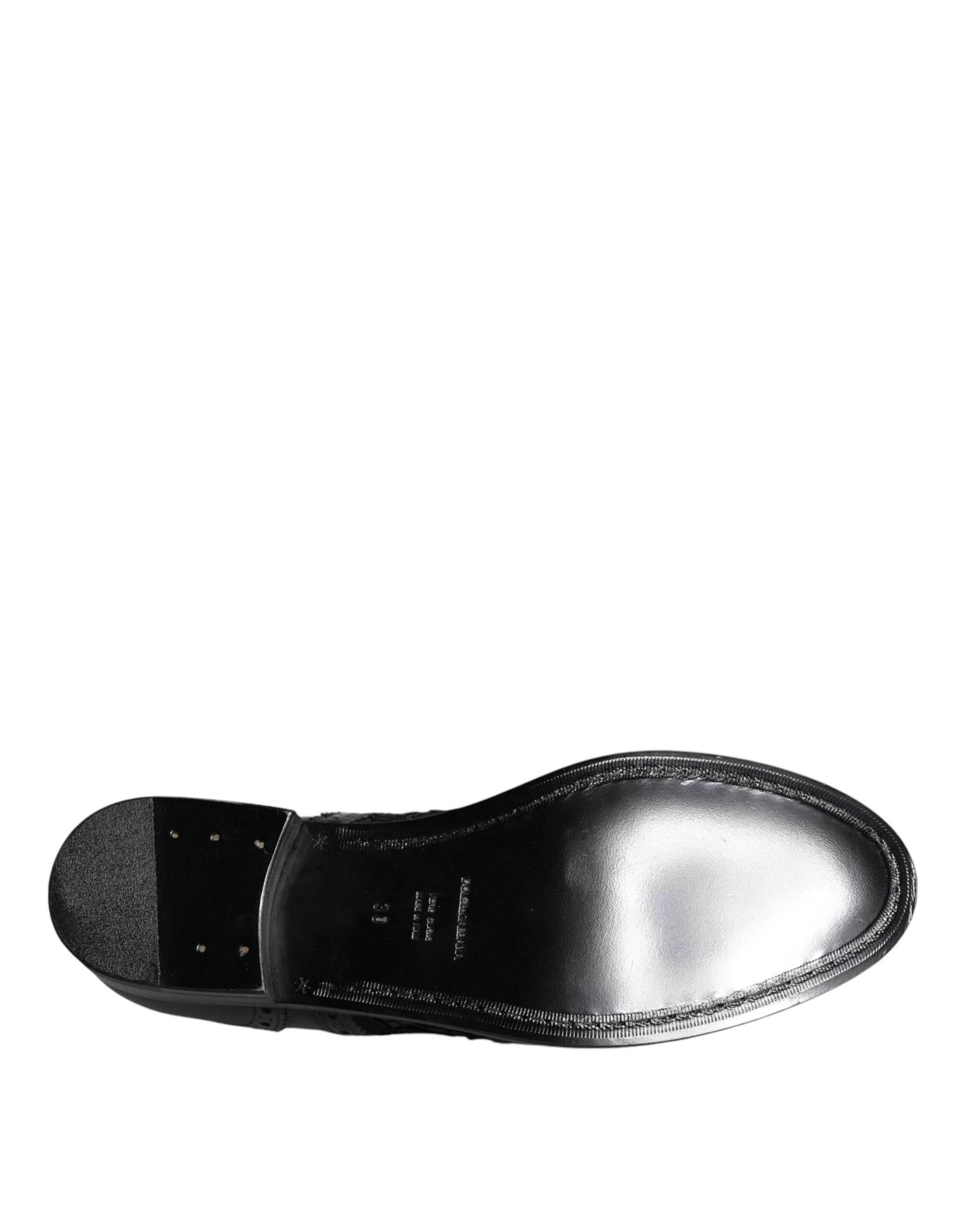 Dolce & Gabbana Black Leather Floral Lace Dress Formal Shoes - Hilstor