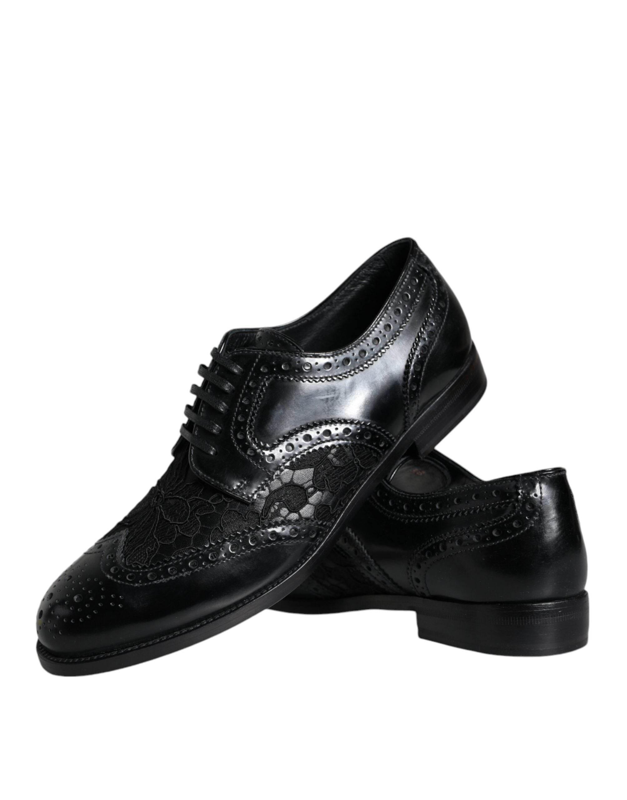 Dolce & Gabbana Black Leather Floral Lace Dress Formal Shoes - Hilstor