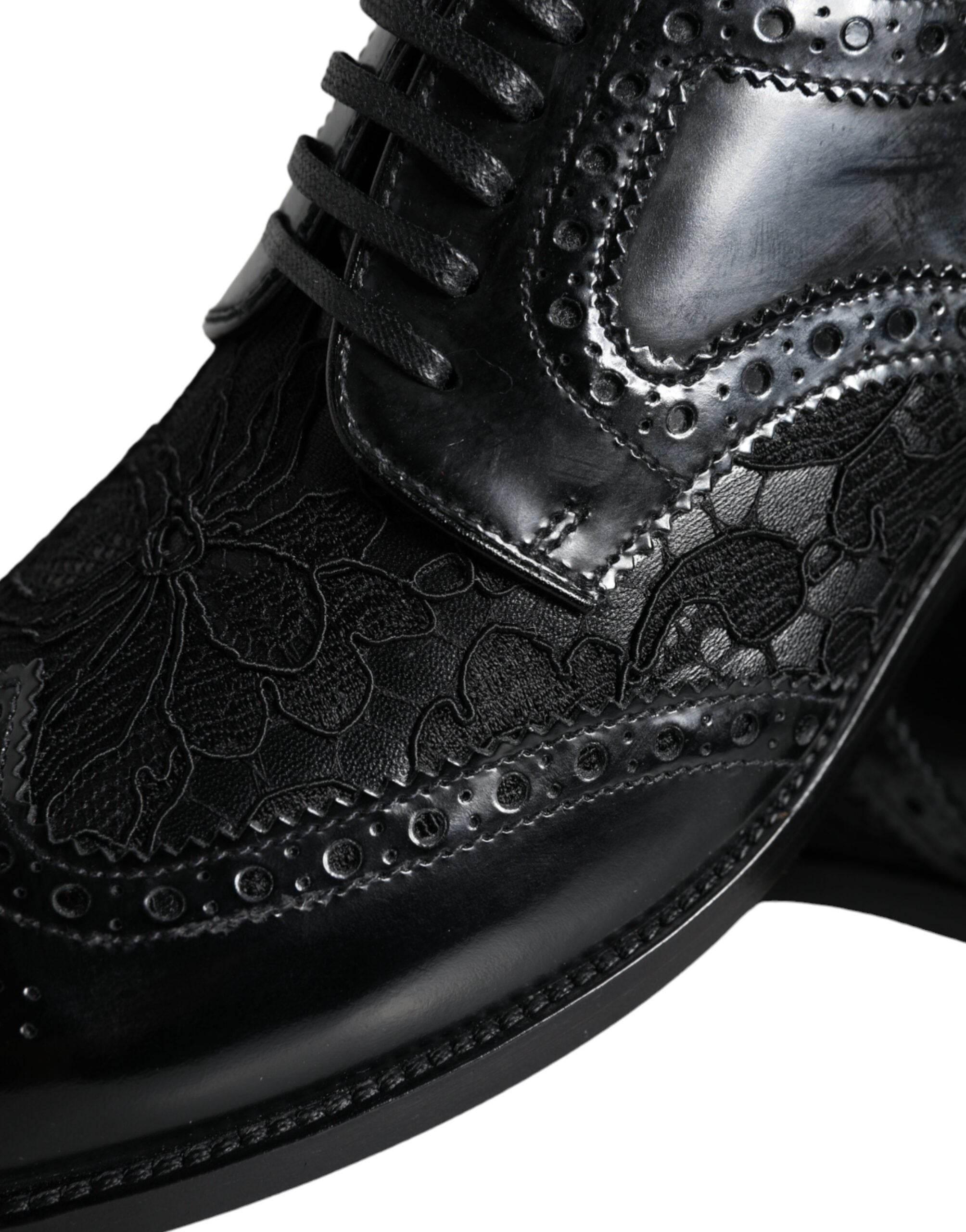 Dolce & Gabbana Black Leather Floral Lace Dress Formal Shoes - Hilstor