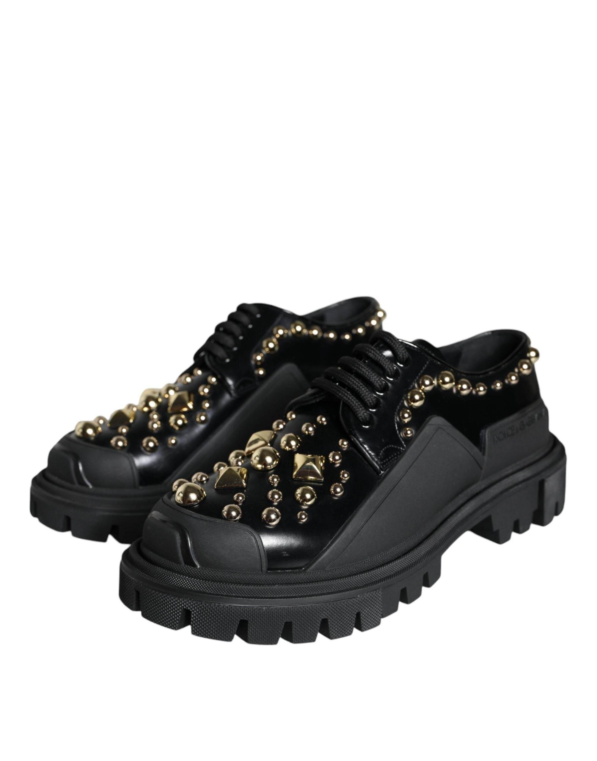 Dolce & Gabbana Black Leather Trekking Derby Embellished Shoes - Hilstor