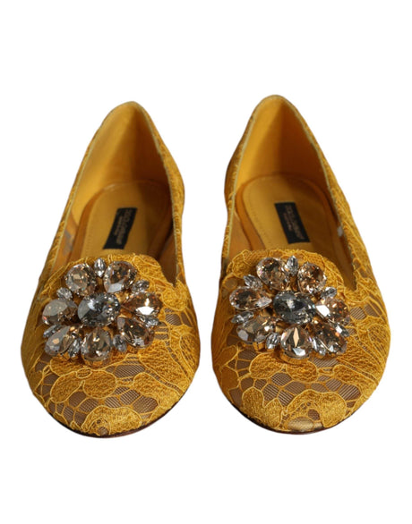 Dolce & Gabbana Mustard Lace Crystal Ballet Flats Loafer Shoes - Hilstor
