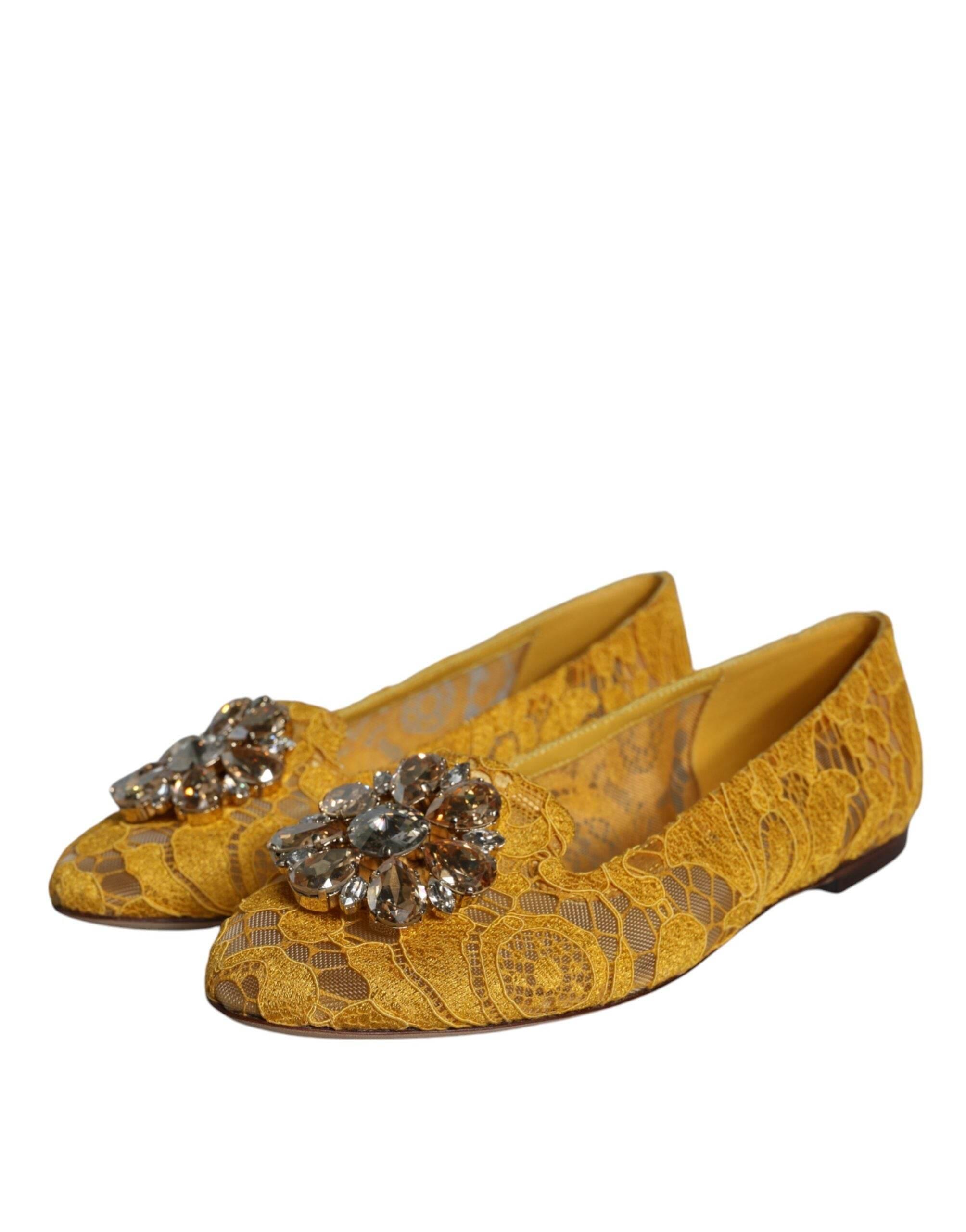 Dolce & Gabbana Mustard Lace Crystal Ballet Flats Loafer Shoes - Hilstor