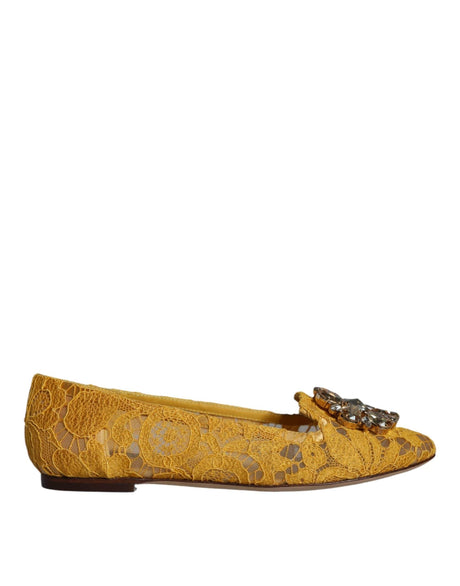 Dolce & Gabbana Mustard Lace Crystal Ballet Flats Loafer Shoes - Hilstor