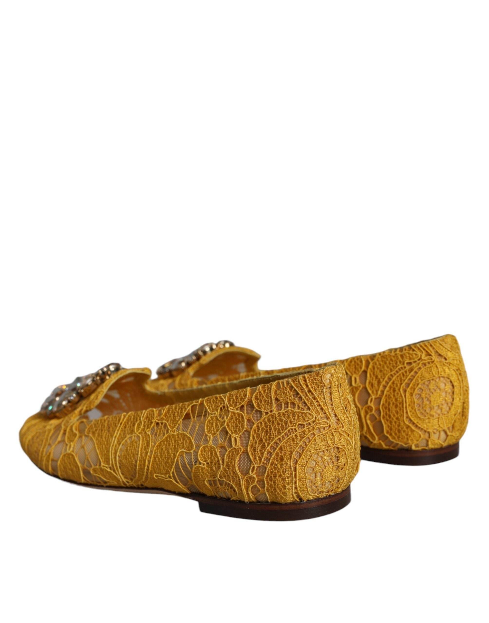 Dolce & Gabbana Mustard Lace Crystal Ballet Flats Loafer Shoes - Hilstor