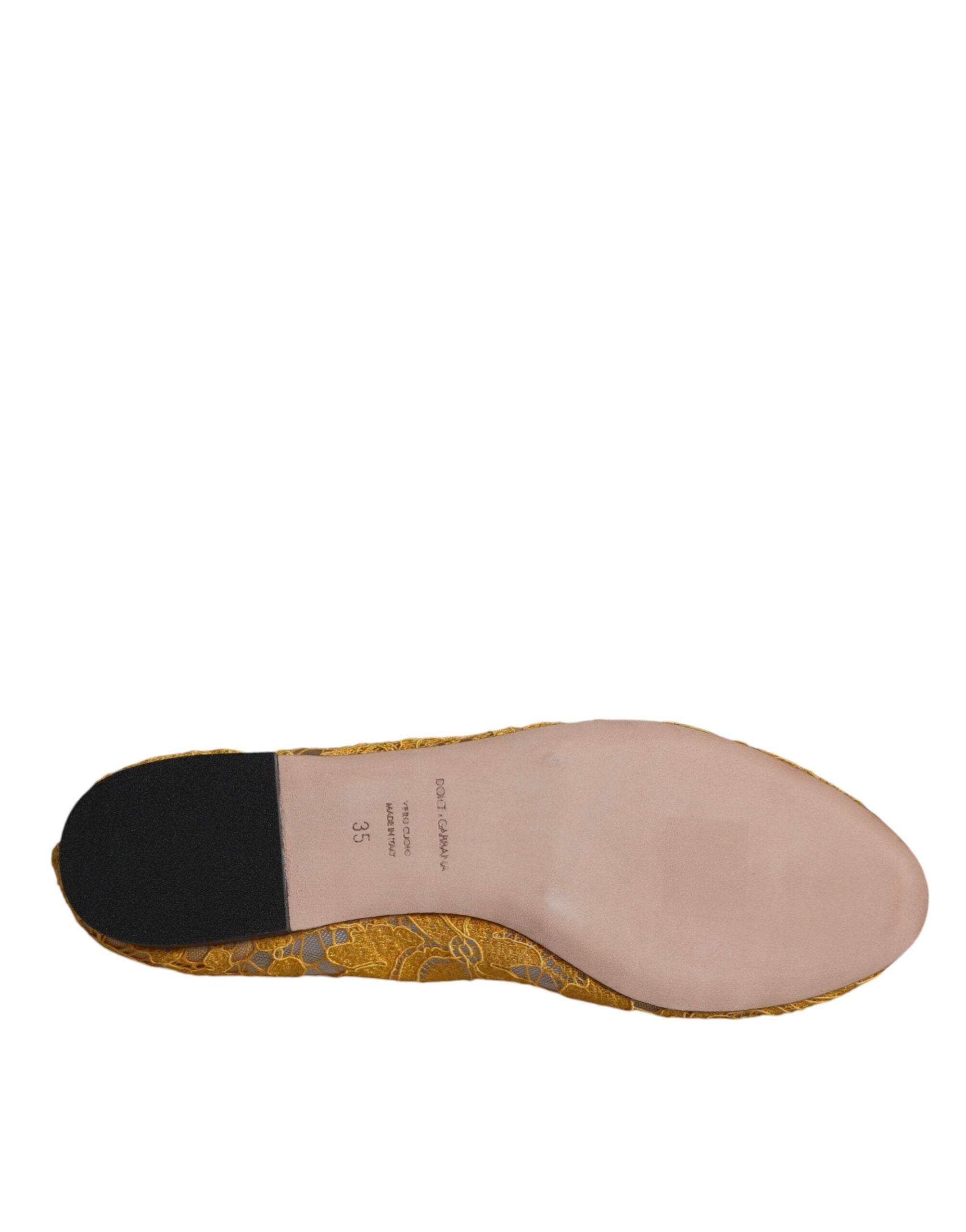 Dolce & Gabbana Mustard Lace Crystal Ballet Flats Loafer Shoes - Hilstor