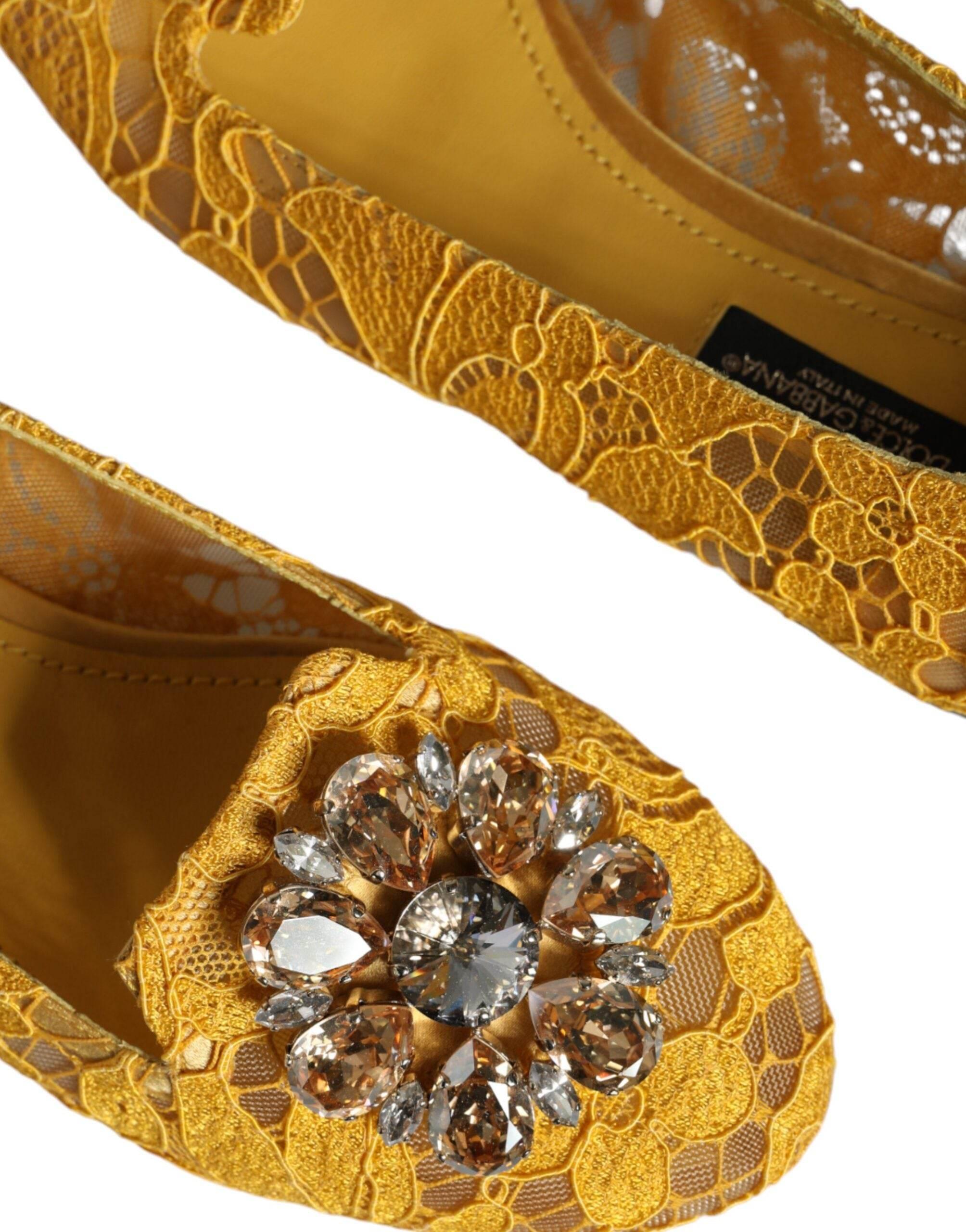 Dolce & Gabbana Mustard Lace Crystal Ballet Flats Loafer Shoes - Hilstor