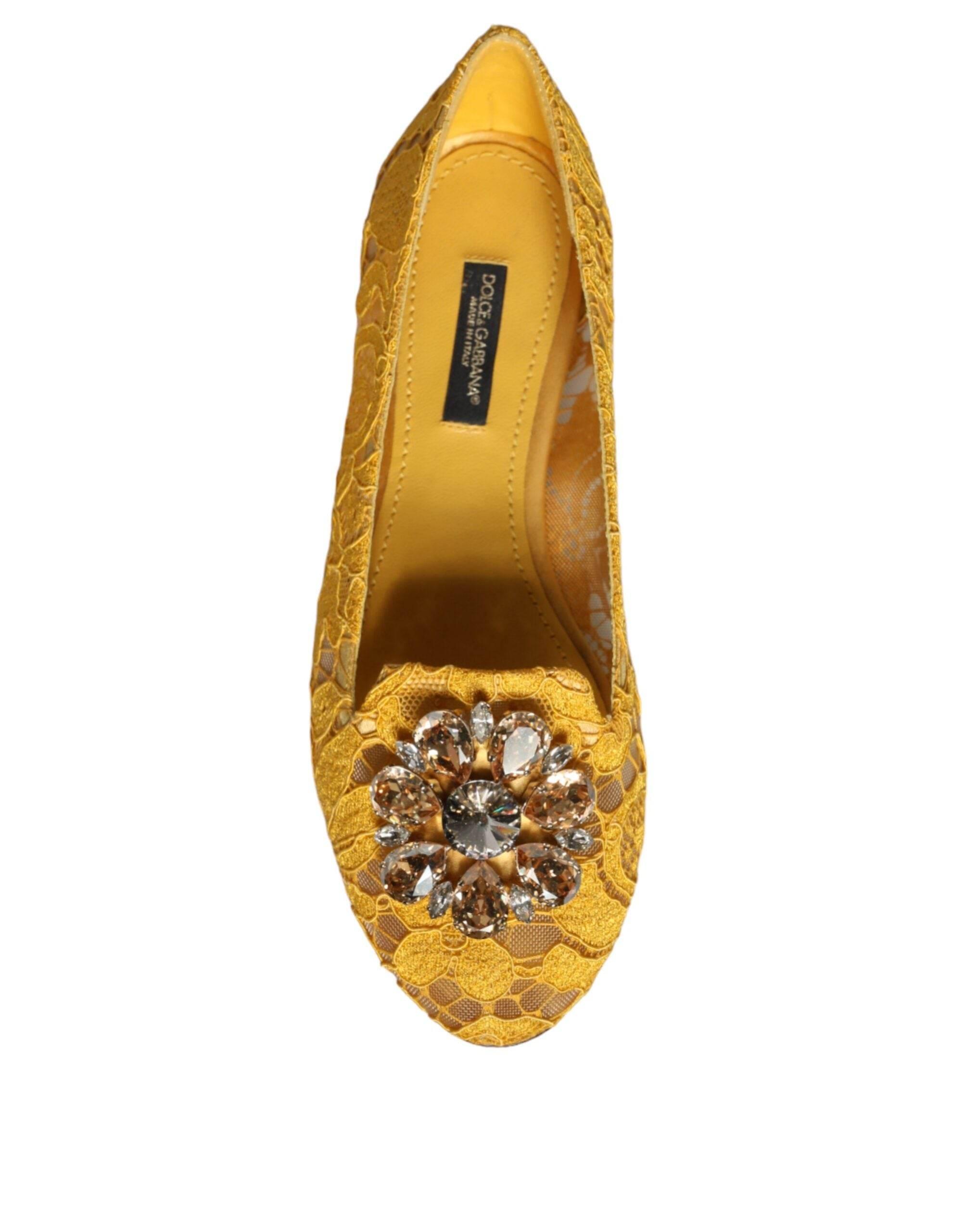 Dolce & Gabbana Mustard Lace Crystal Ballet Flats Loafer Shoes - Hilstor