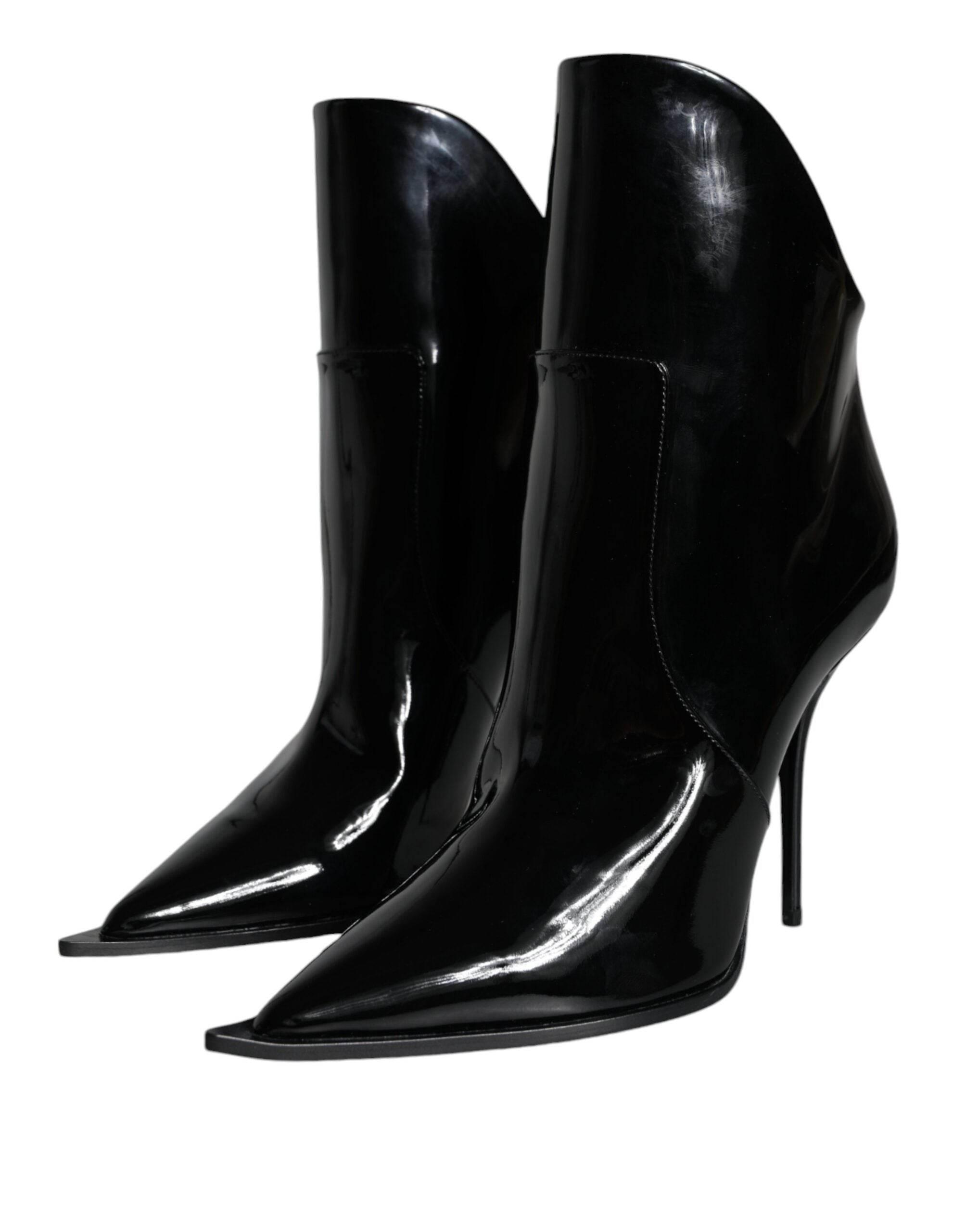 Dolce & Gabbana Black Patent Leather Pointed Ankle Boots Shoes - Hilstor
