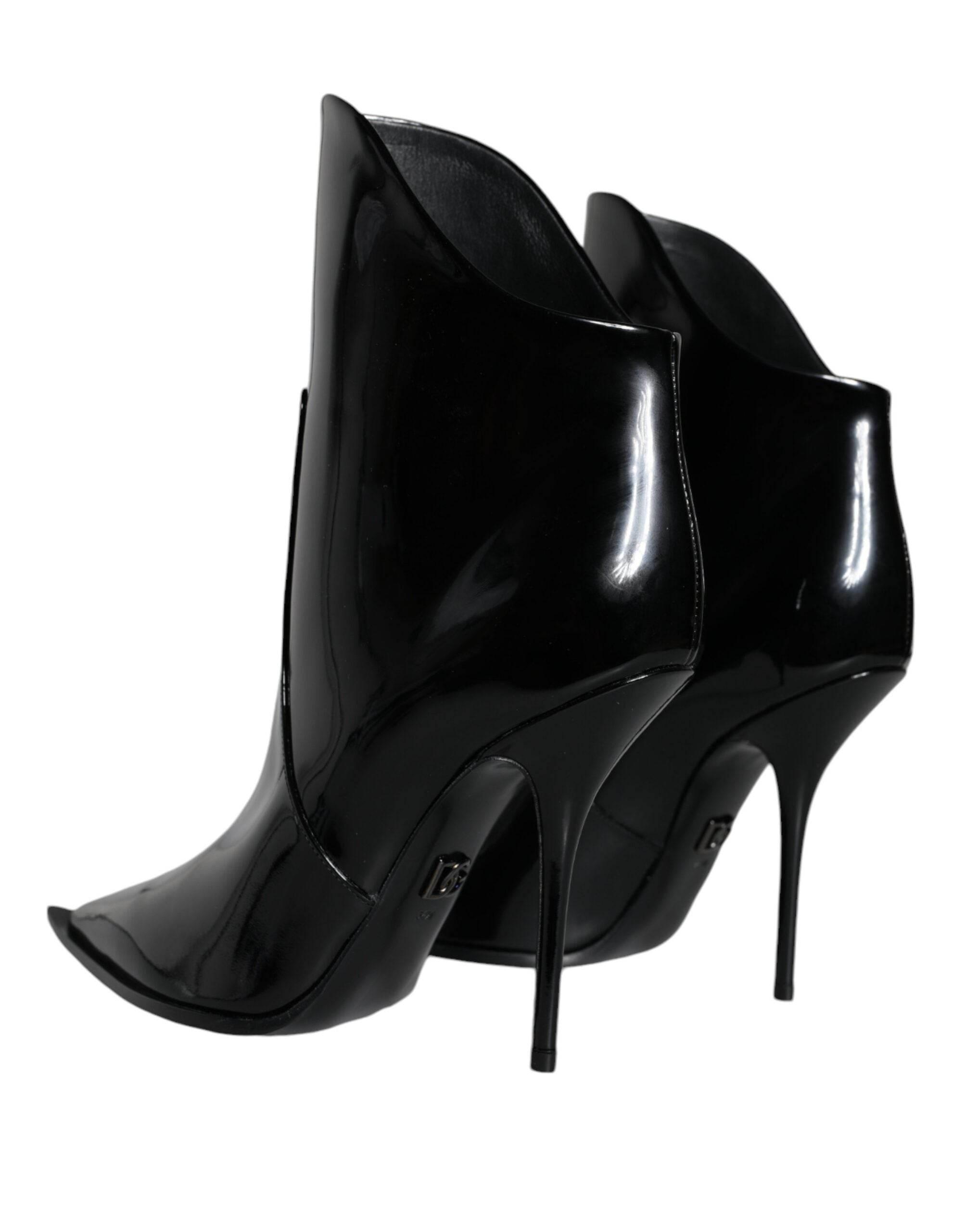 Dolce & Gabbana Black Patent Leather Pointed Ankle Boots Shoes - Hilstor
