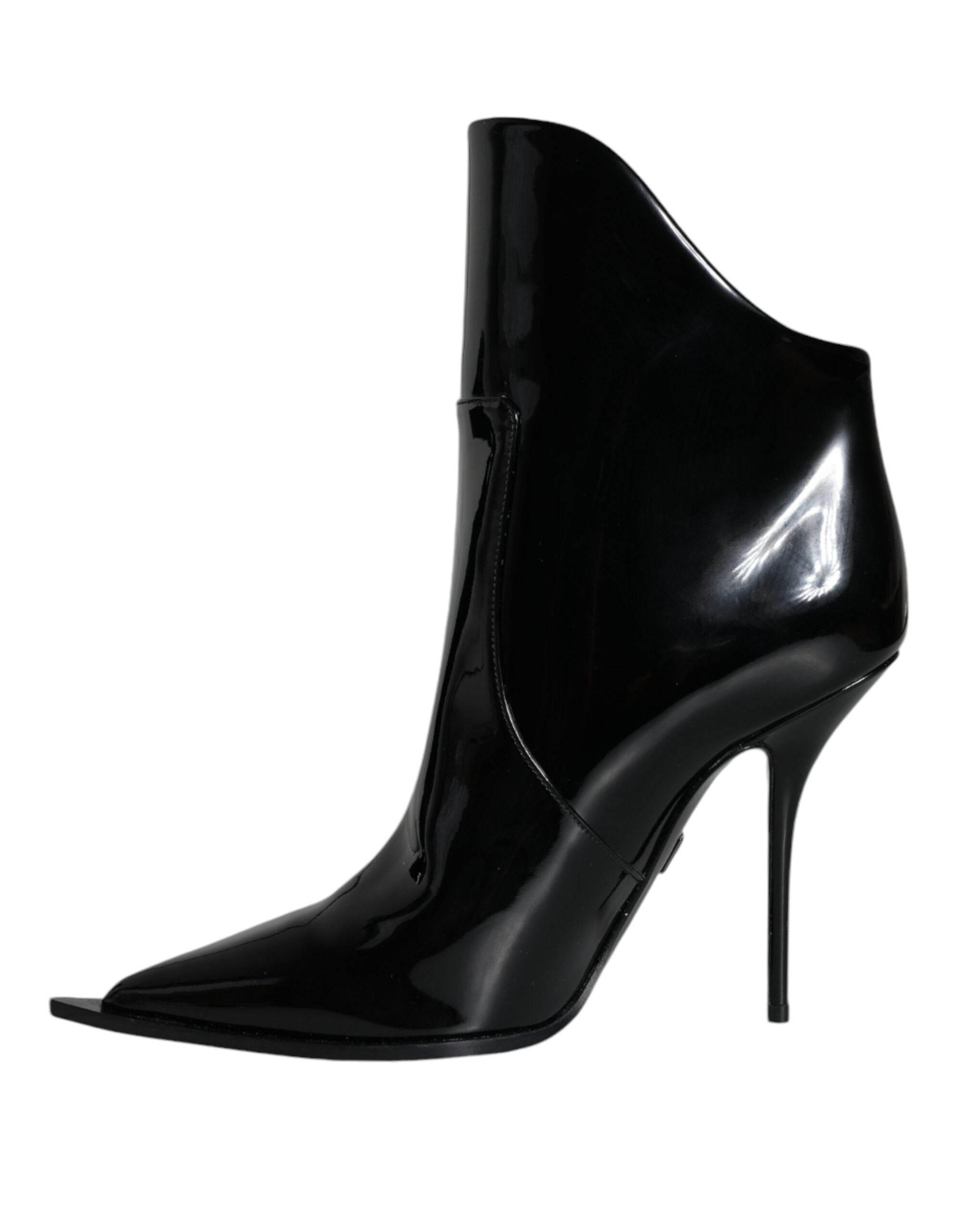 Dolce & Gabbana Black Patent Leather Pointed Ankle Boots Shoes - Hilstor