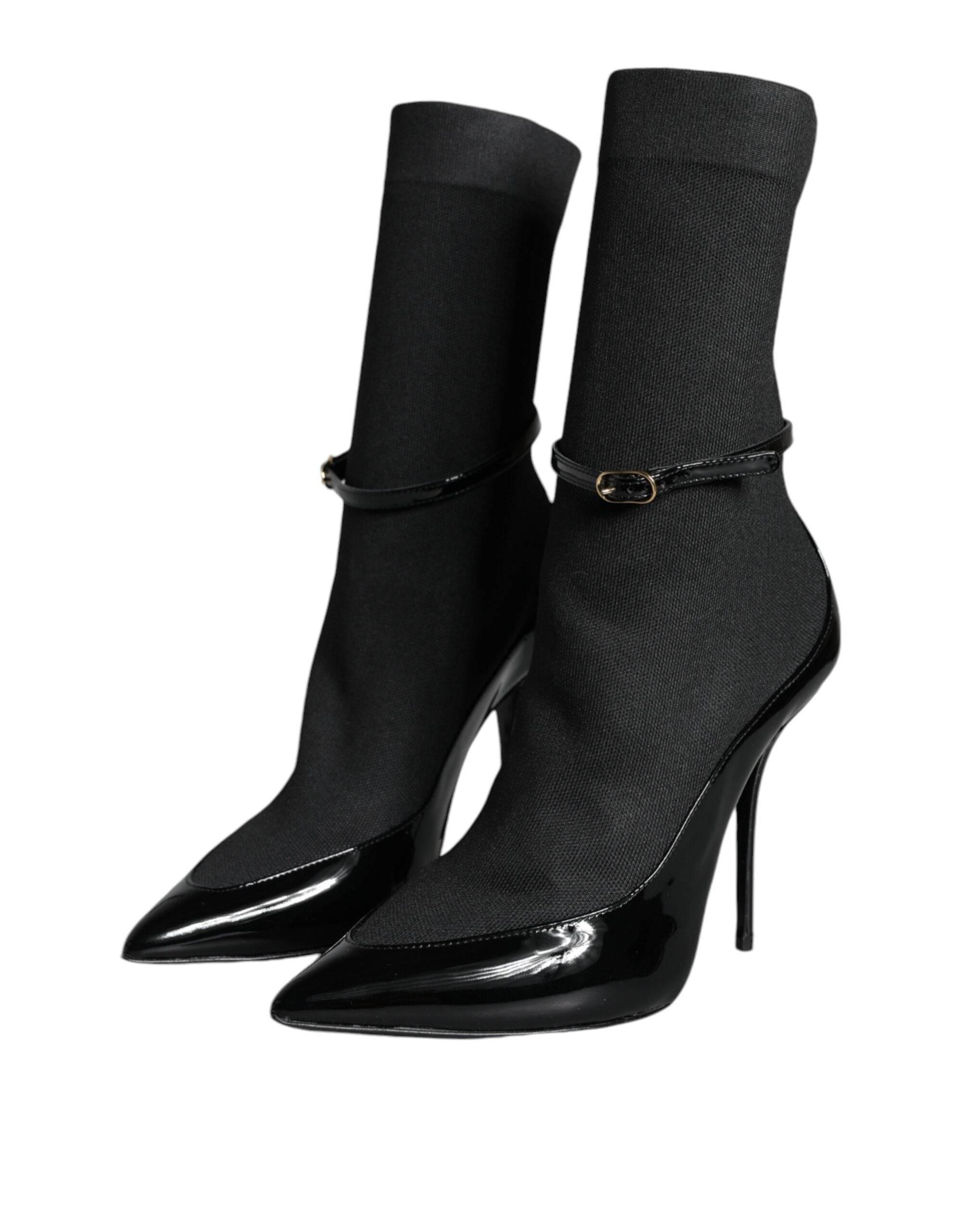 Dolce & Gabbana Black Leather Stilettos Booties Socks Shoes - Hilstor