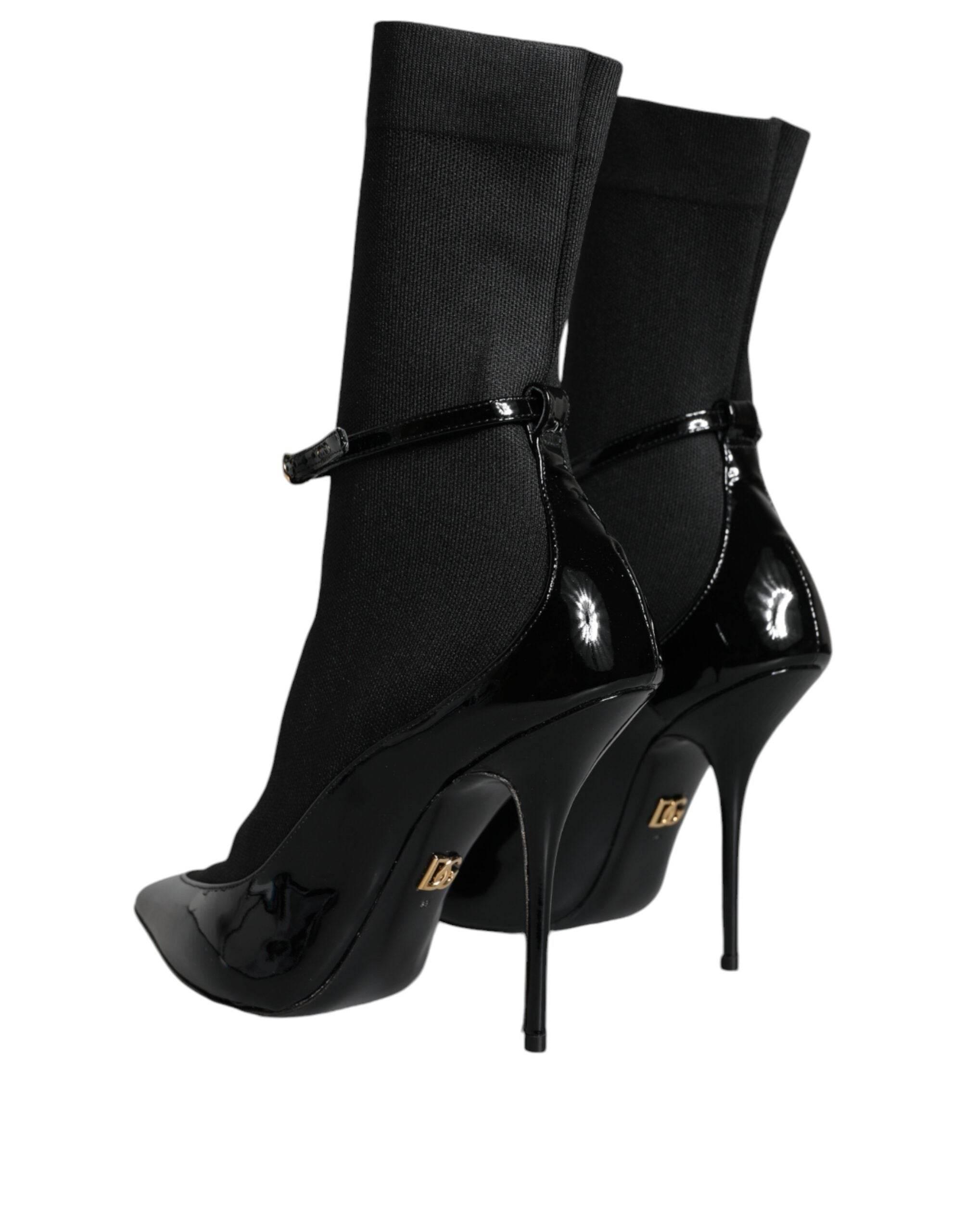 Dolce & Gabbana Black Leather Stilettos Booties Socks Shoes - Hilstor