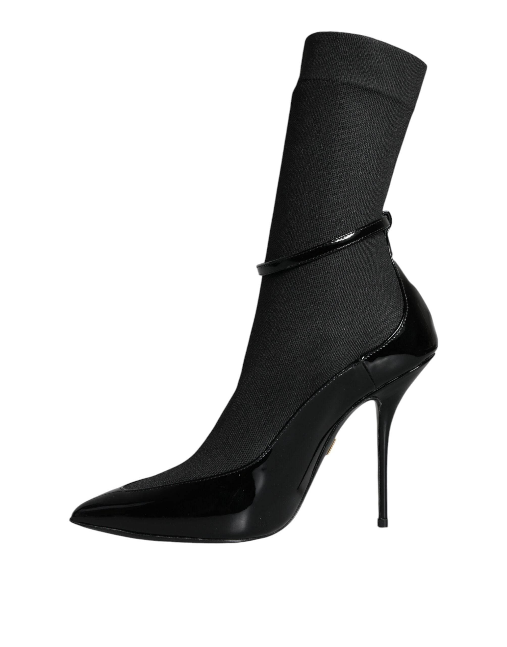 Dolce & Gabbana Black Leather Stilettos Booties Socks Shoes - Hilstor