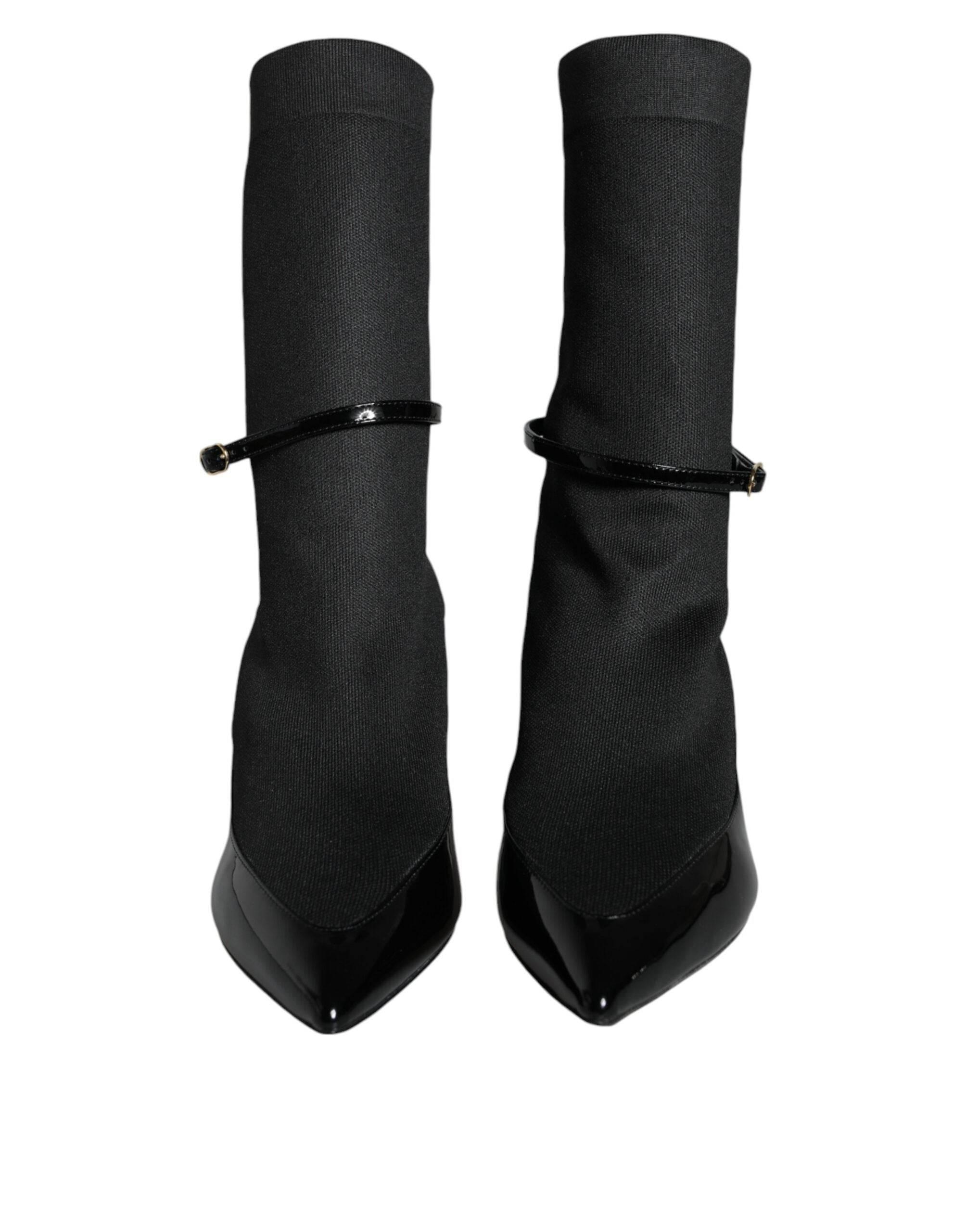 Dolce & Gabbana Black Leather Stilettos Booties Socks Shoes - Hilstor