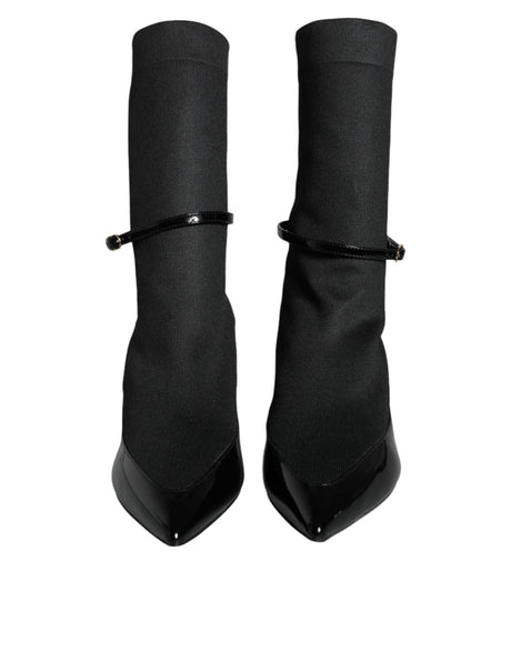 Dolce & Gabbana Black Leather Stilettos Booties Socks Shoes - Hilstor