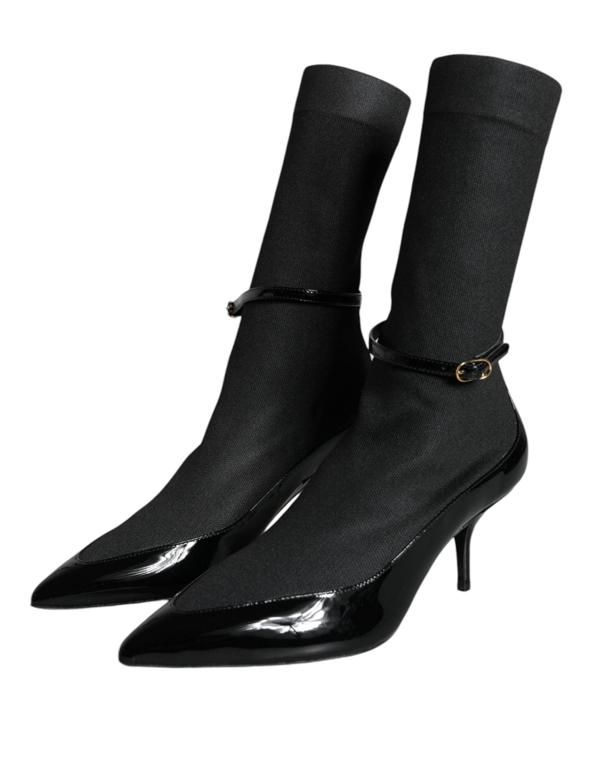 Dolce & Gabbana Black Leather Stilettos Booties Socks Shoes - Hilstor