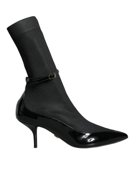 Dolce & Gabbana Black Leather Stilettos Booties Socks Shoes - Hilstor