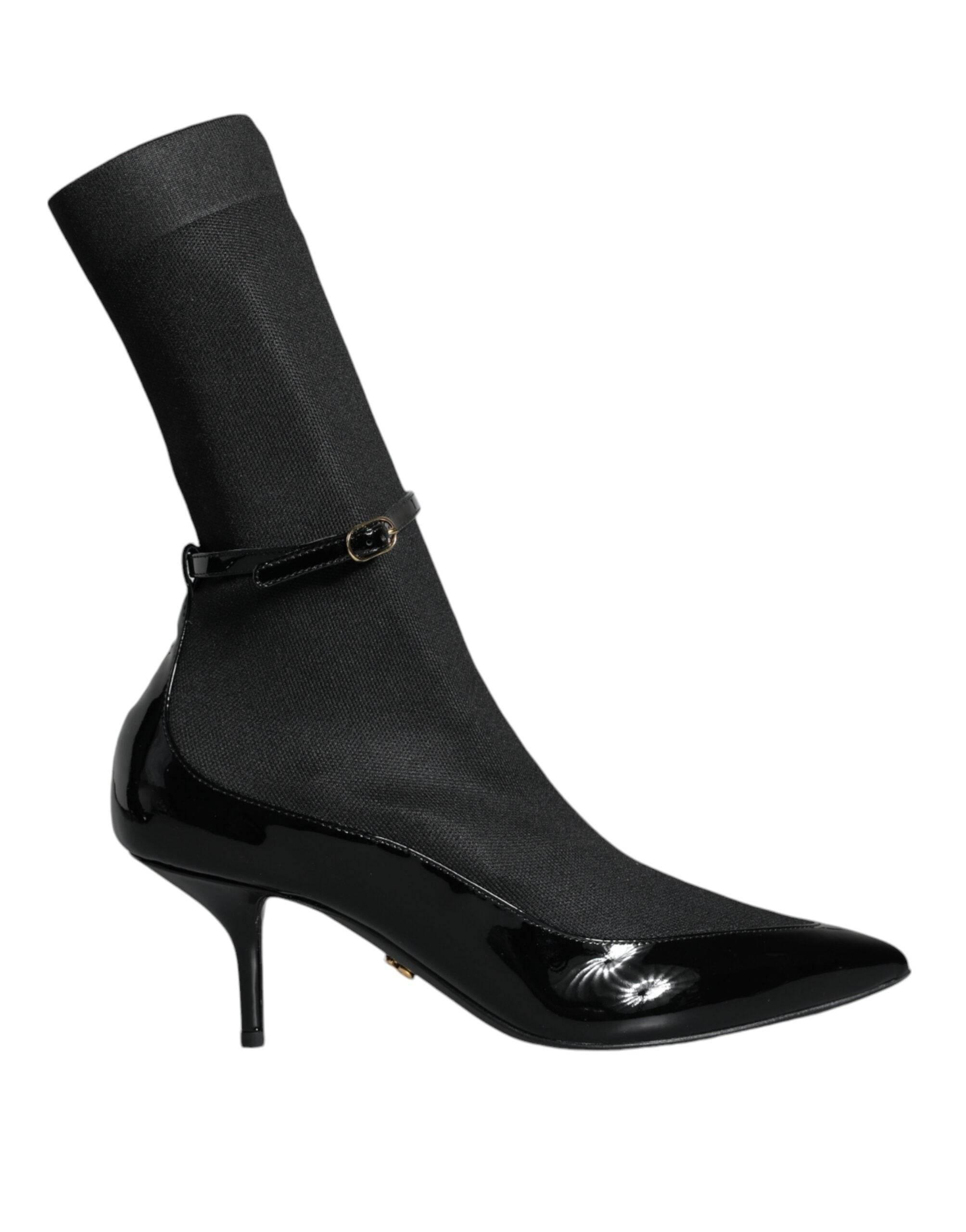 Dolce & Gabbana Black Leather Stilettos Booties Socks Shoes - Hilstor