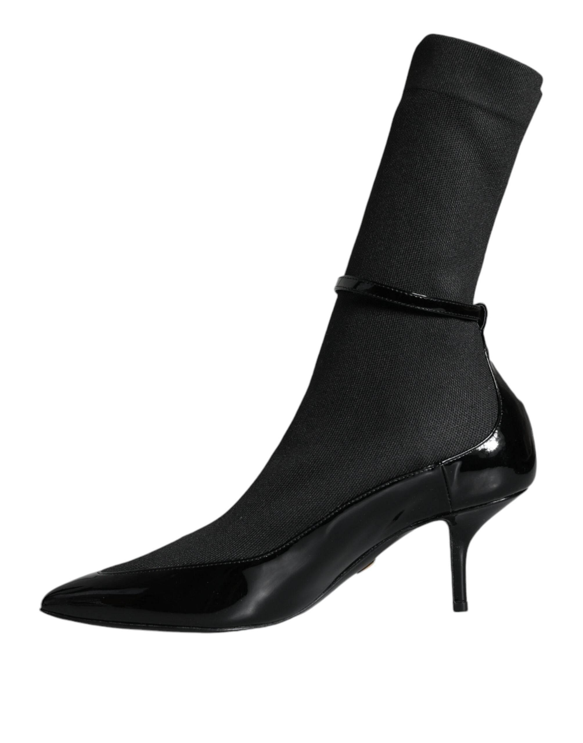 Dolce & Gabbana Black Leather Stilettos Booties Socks Shoes - Hilstor