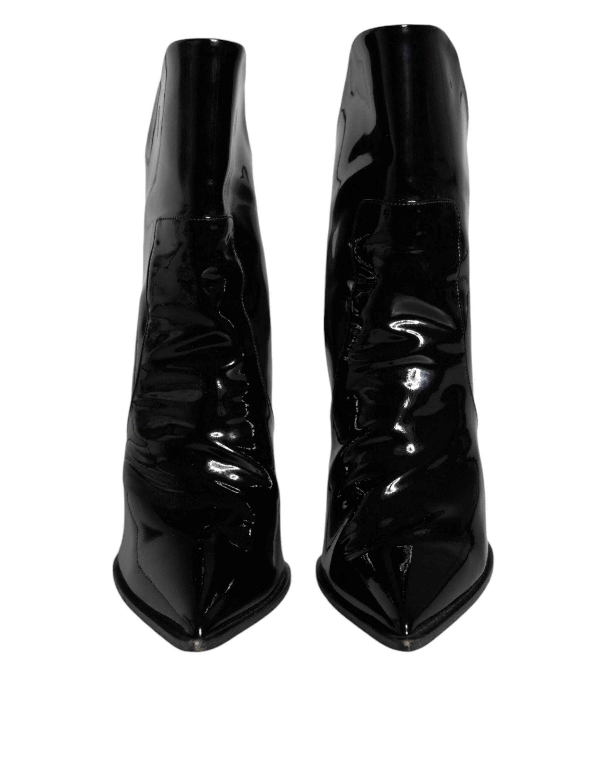 Dolce & Gabbana Black Patent Leather Pointed Ankle Boot Shoes - Hilstor
