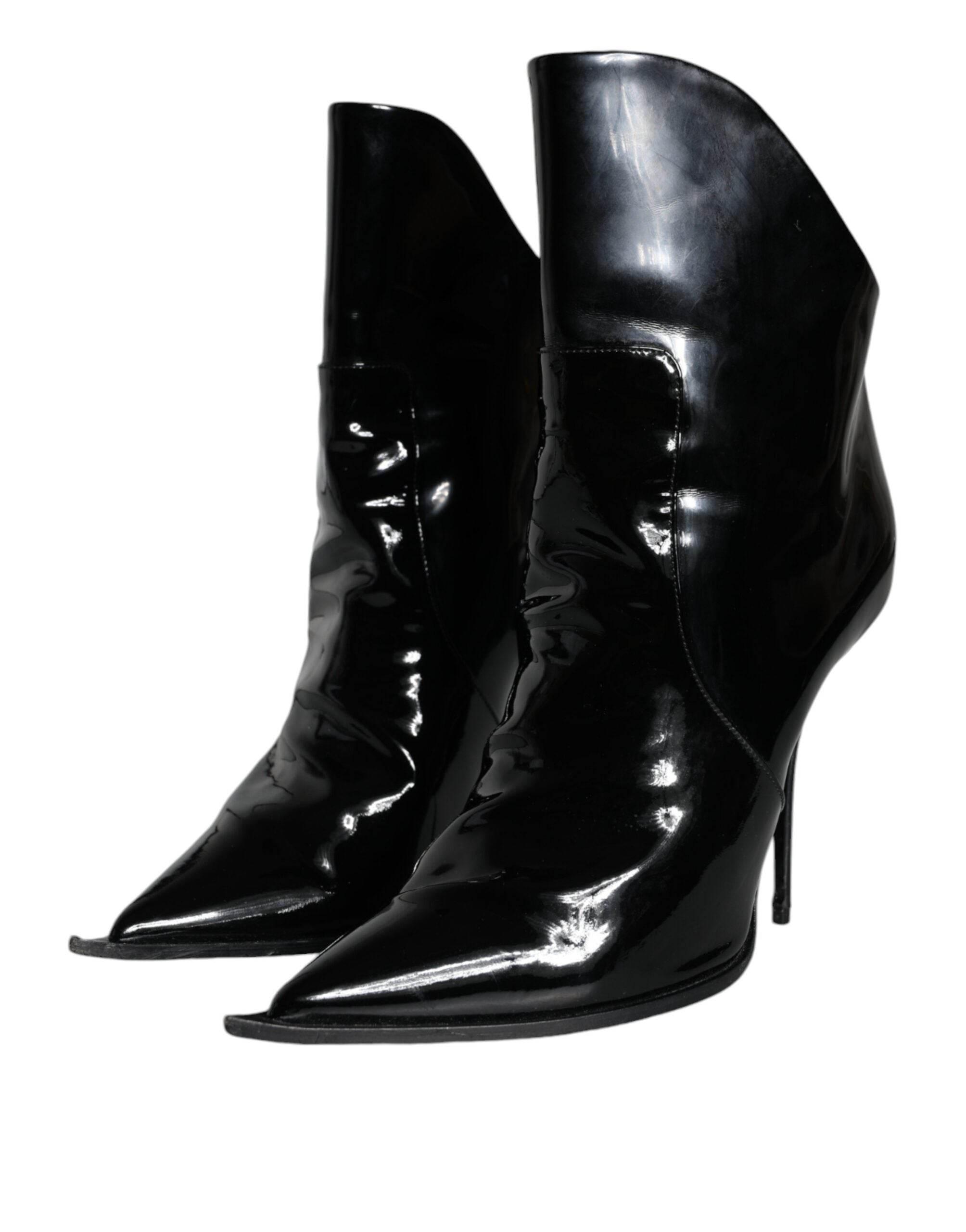 Dolce & Gabbana Black Patent Leather Pointed Ankle Boot Shoes - Hilstor