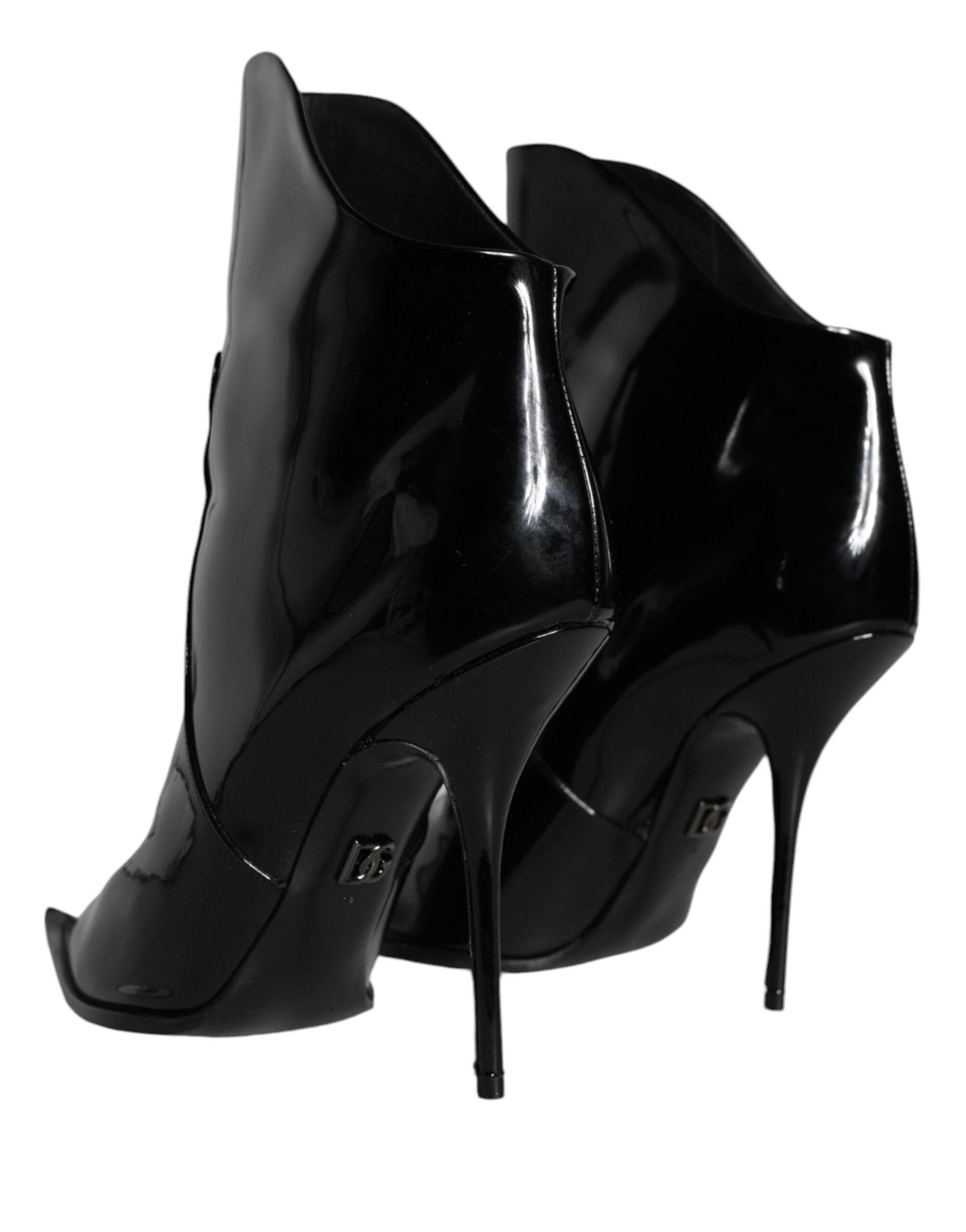 Dolce & Gabbana Black Patent Leather Pointed Ankle Boot Shoes - Hilstor