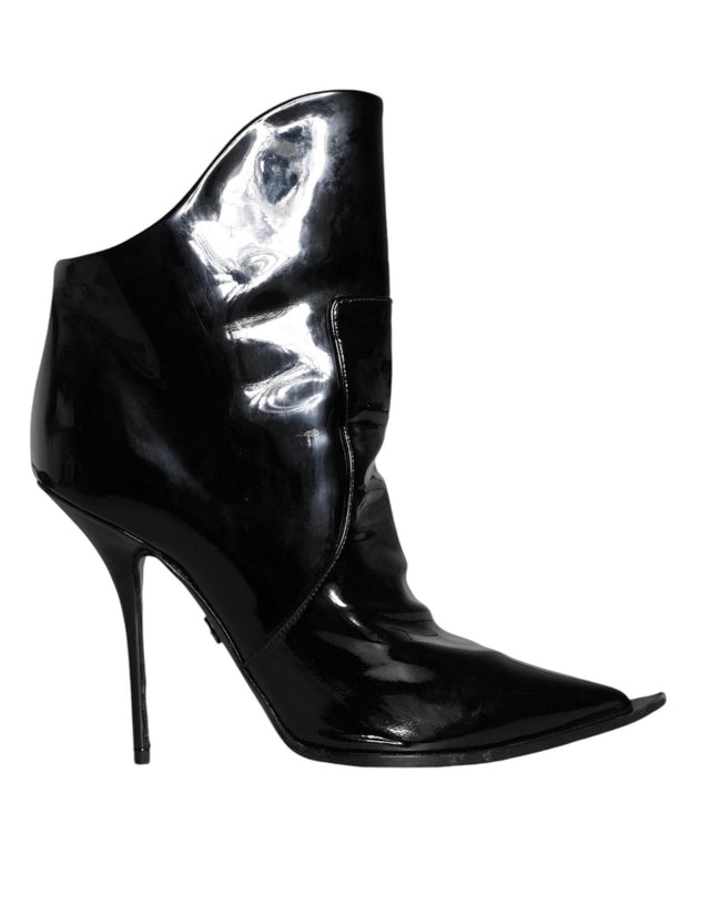 Dolce & Gabbana Black Patent Leather Pointed Ankle Boot Shoes - Hilstor