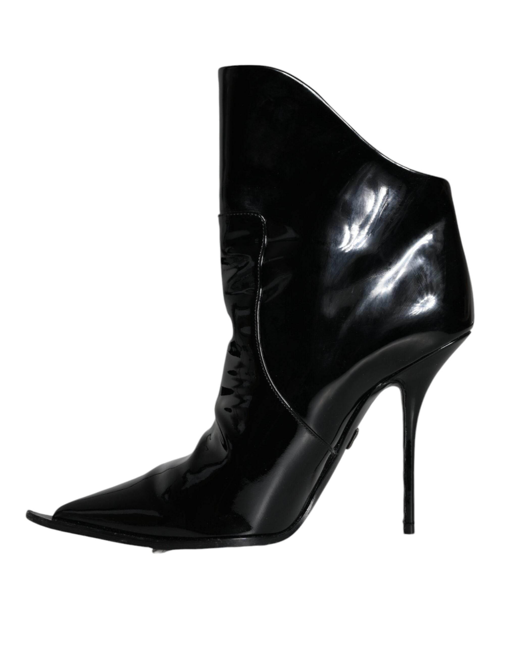 Dolce & Gabbana Black Patent Leather Pointed Ankle Boot Shoes - Hilstor