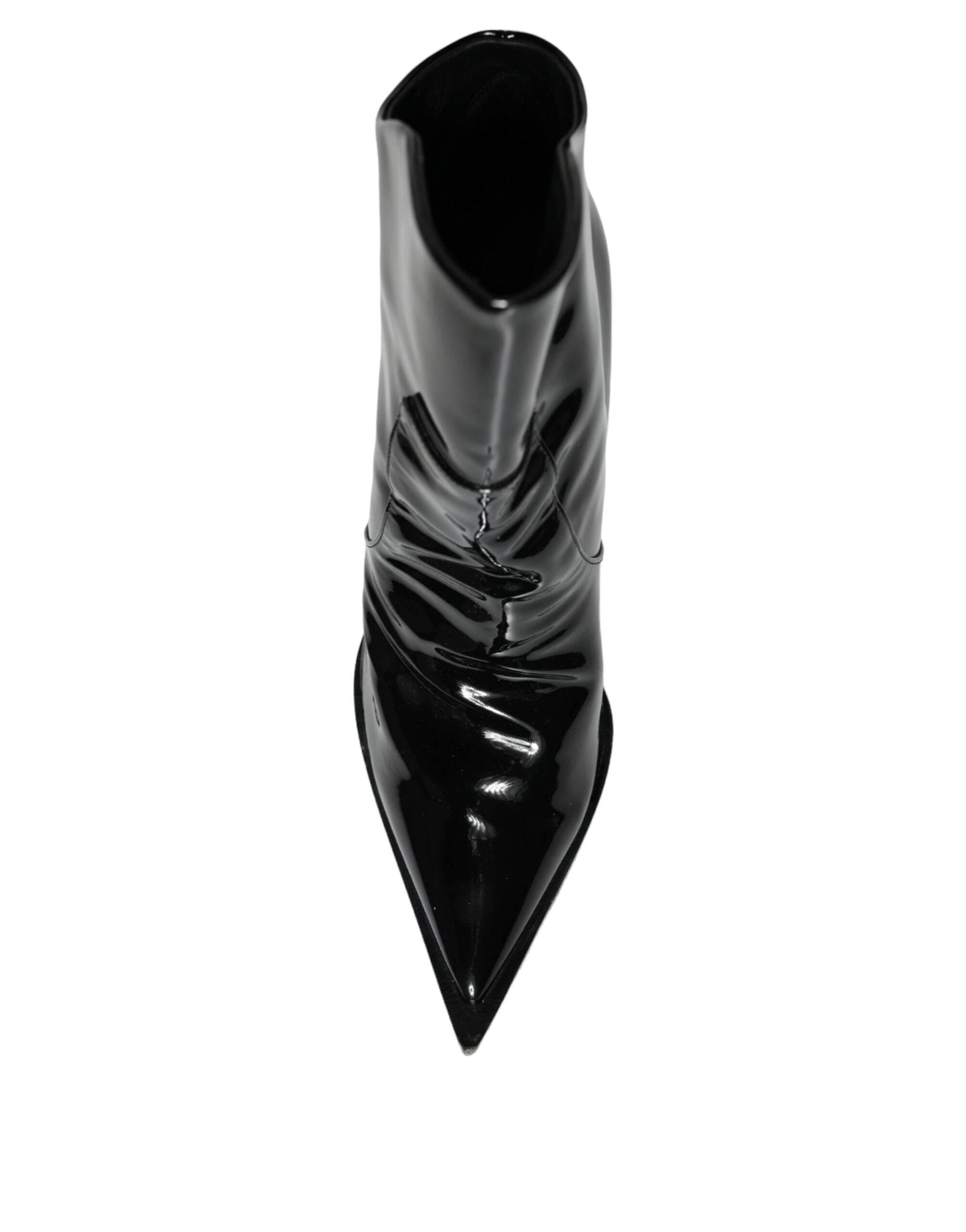 Dolce & Gabbana Black Patent Leather Pointed Ankle Boot Shoes - Hilstor