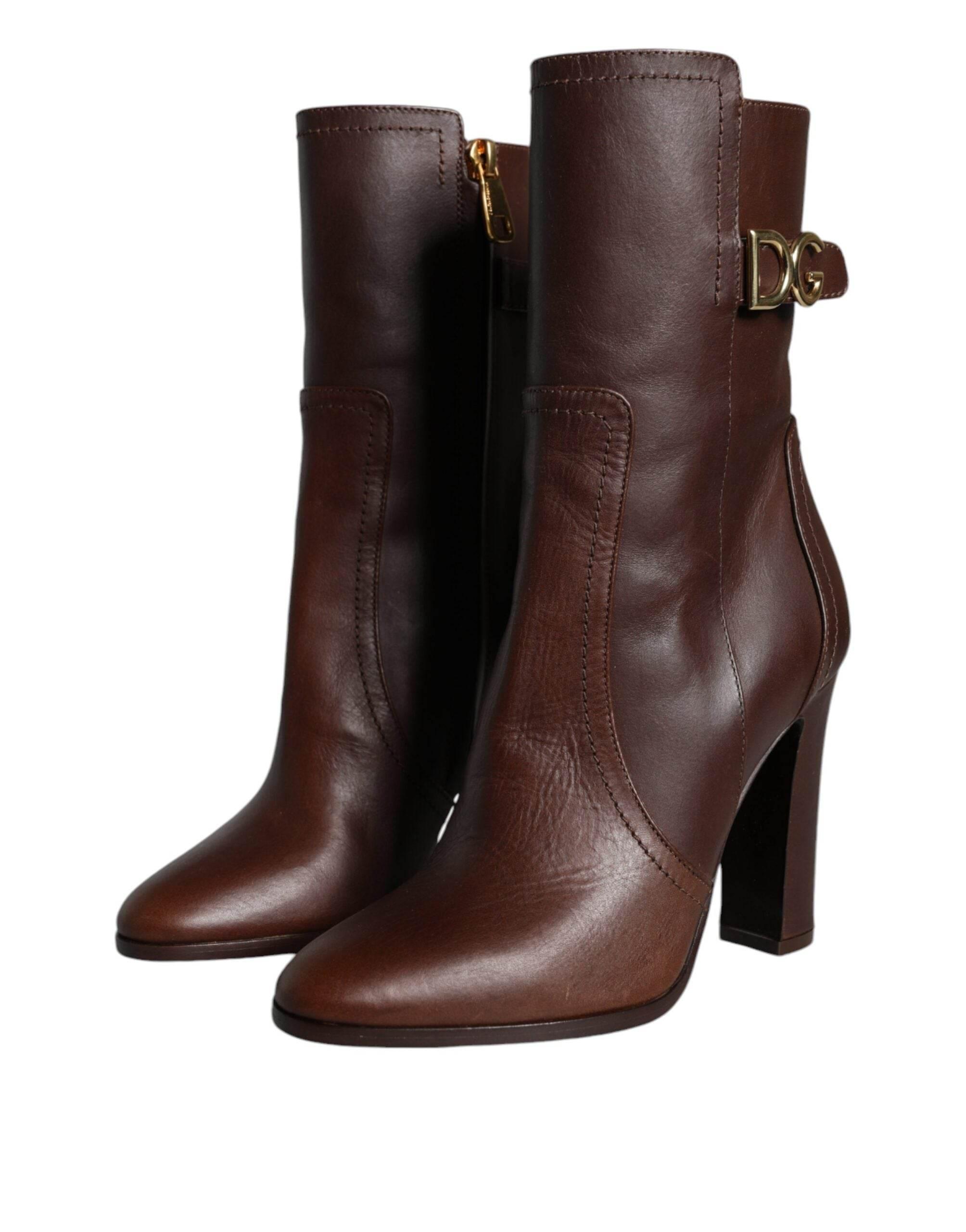 Dolce & Gabbana Brown Leather Heels Mid Calf Boots Shoes - Hilstor