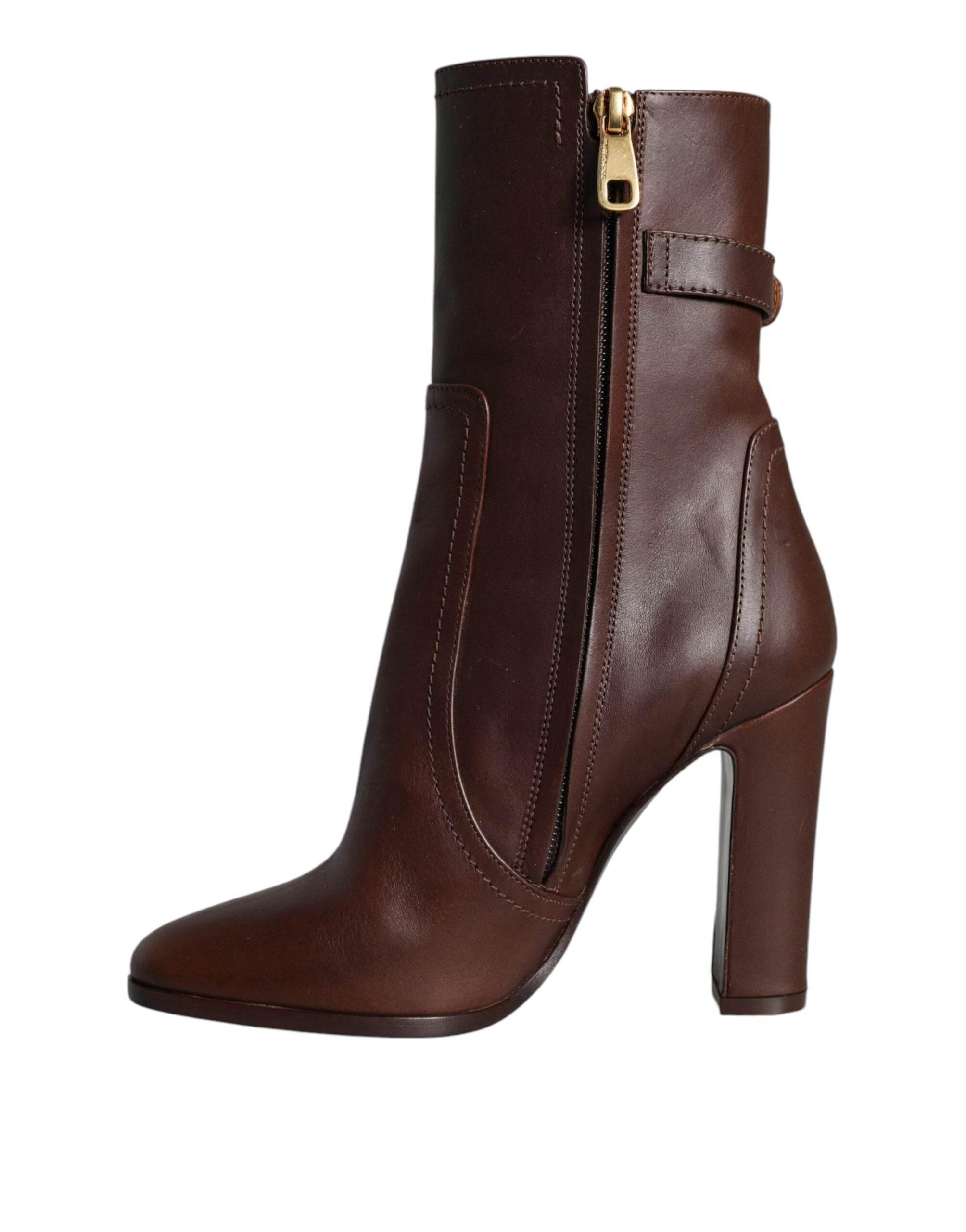 Dolce & Gabbana Brown Leather Heels Mid Calf Boots Shoes - Hilstor