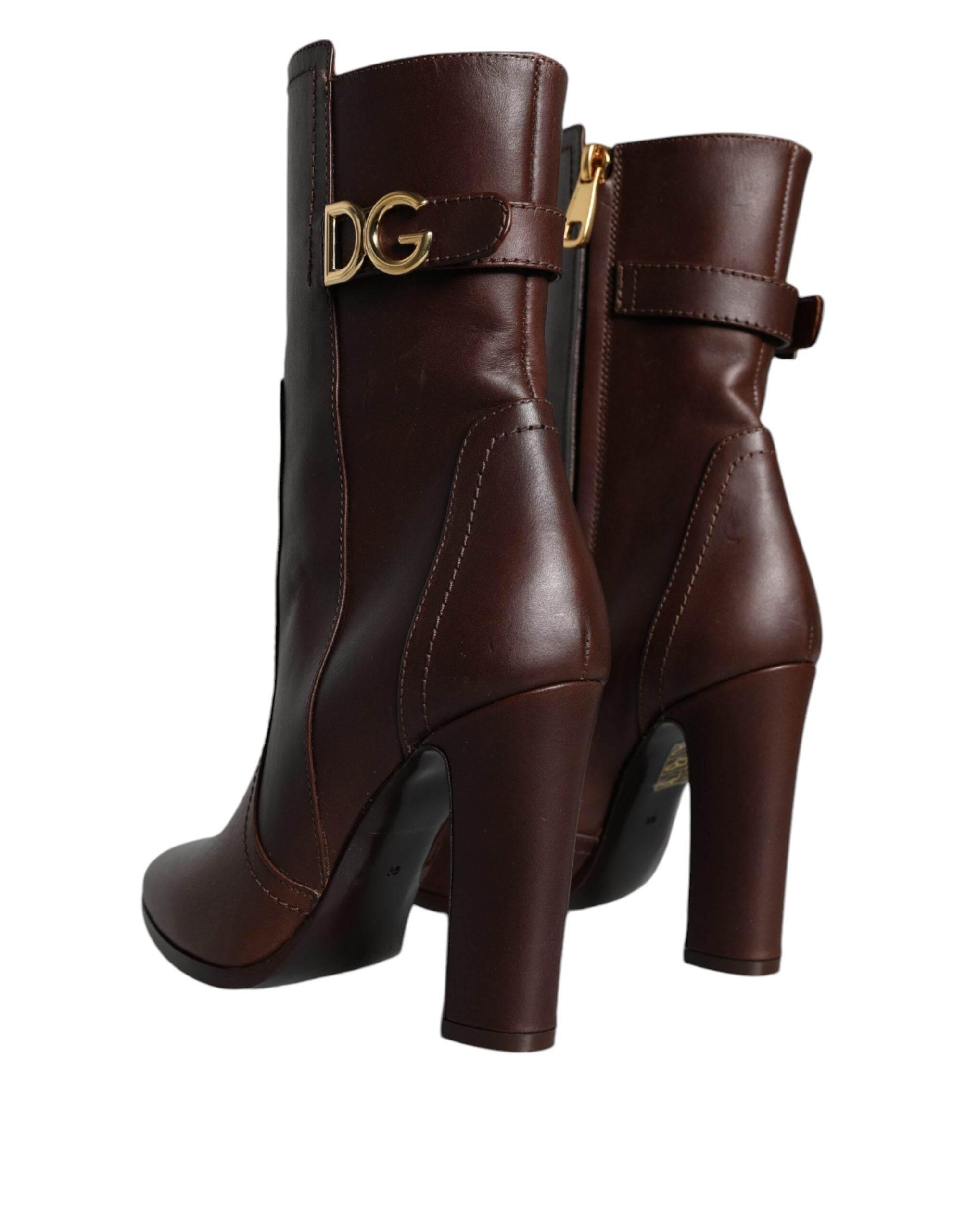 Dolce & Gabbana Brown Leather Heels Mid Calf Boots Shoes - Hilstor