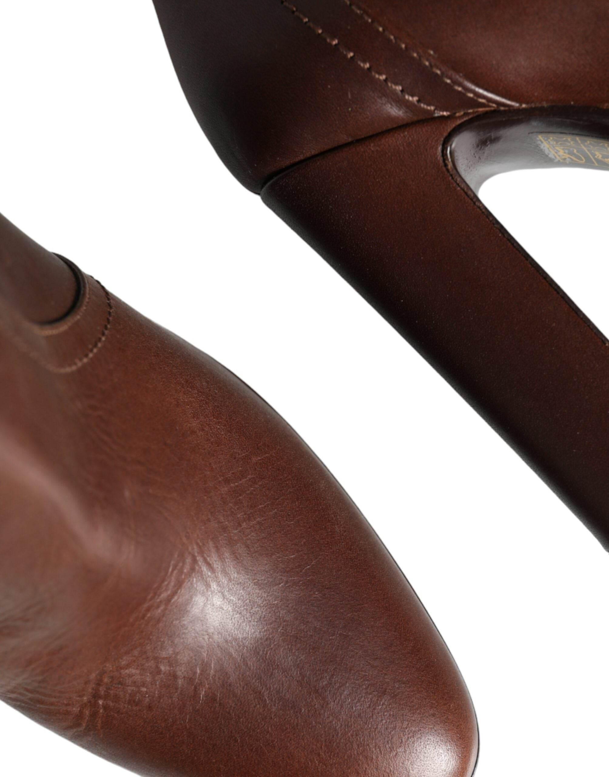 Dolce & Gabbana Brown Leather Heels Mid Calf Boots Shoes - Hilstor
