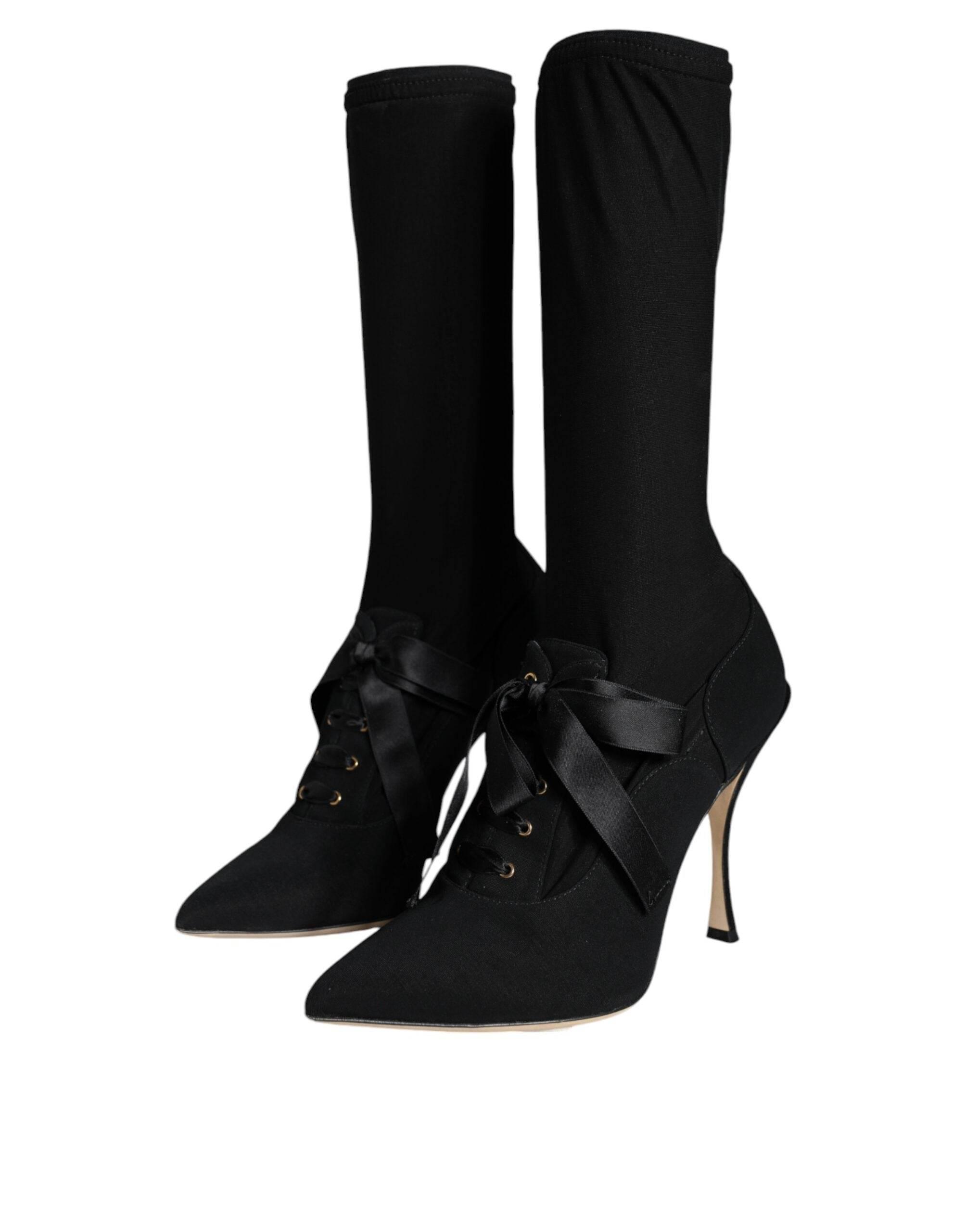 Dolce & Gabbana Black Stiletto Heels Mid Calf Boots Shoes - Hilstor