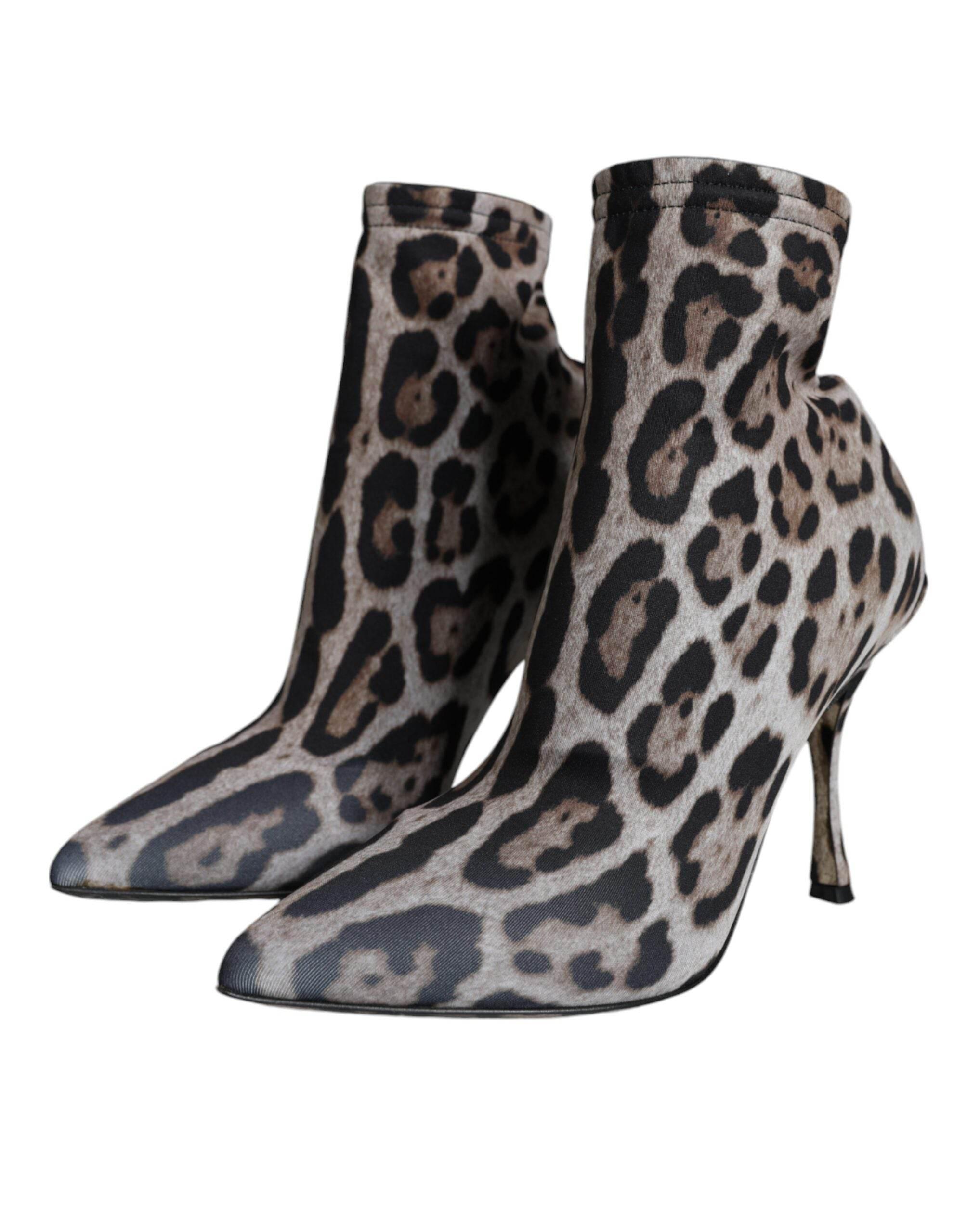 Dolce & Gabbana Gray Leopard Stretch Heels Ankle Boots Shoes - Hilstor