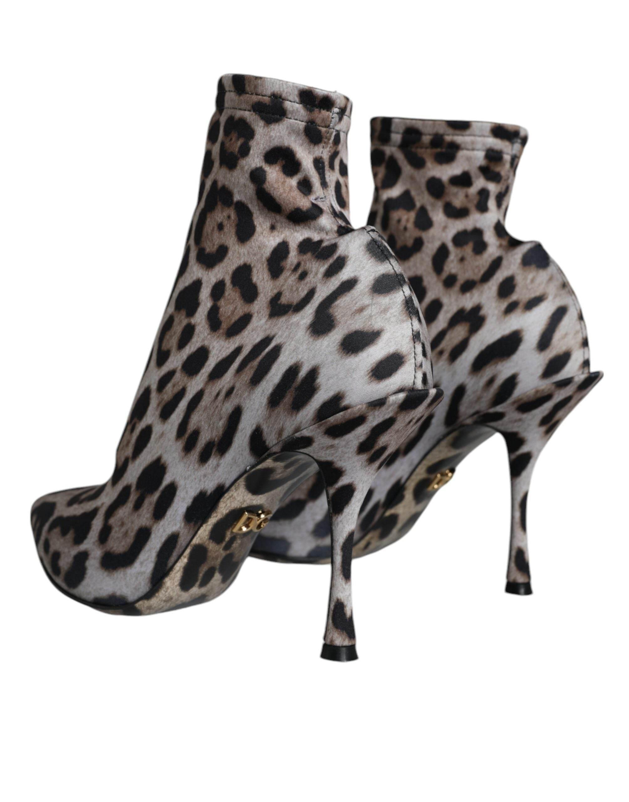 Dolce & Gabbana Gray Leopard Stretch Heels Ankle Boots Shoes - Hilstor