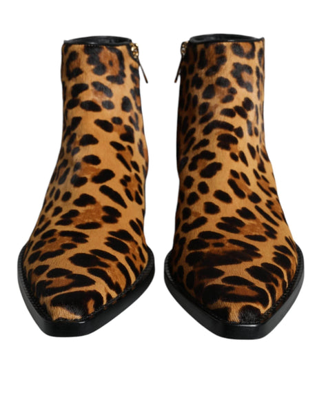 Dolce & Gabbana Brown Leopard Calf Fur Ankle Boots Shoes - Hilstor