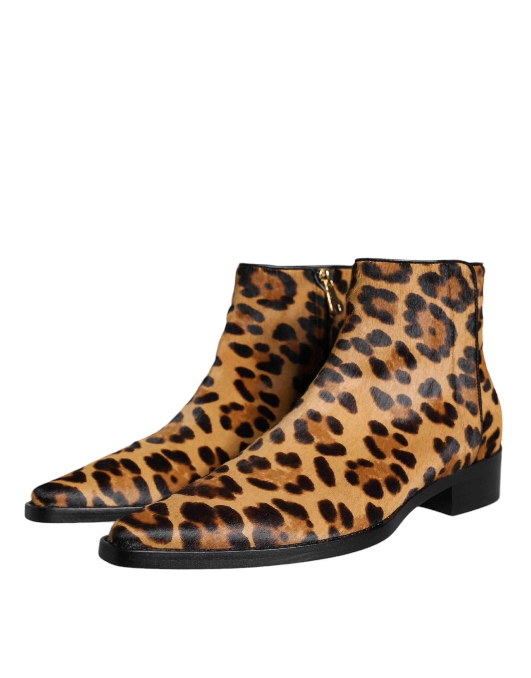 Dolce & Gabbana Brown Leopard Calf Fur Ankle Boots Shoes - Hilstor