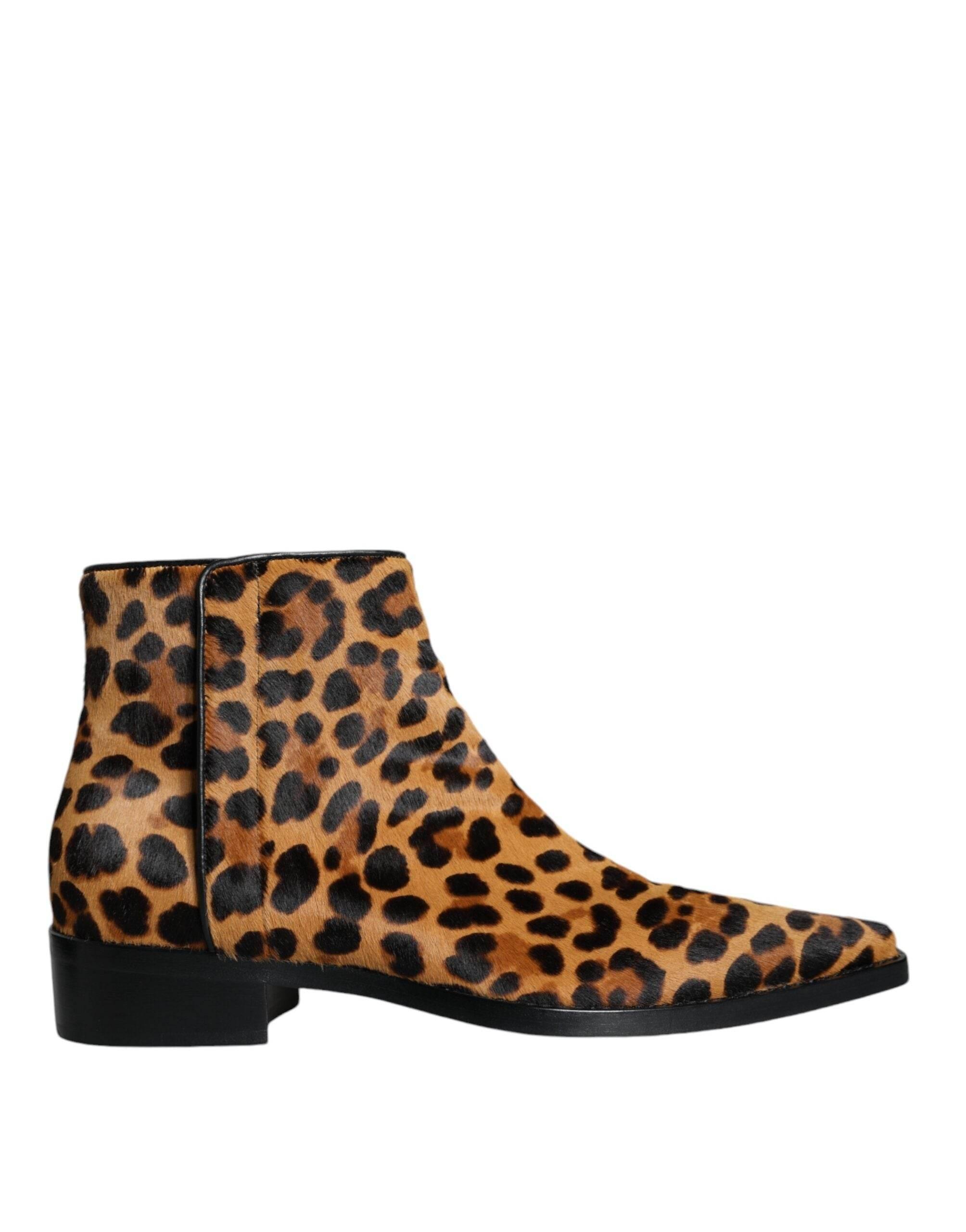 Dolce & Gabbana Brown Leopard Calf Fur Ankle Boots Shoes - Hilstor