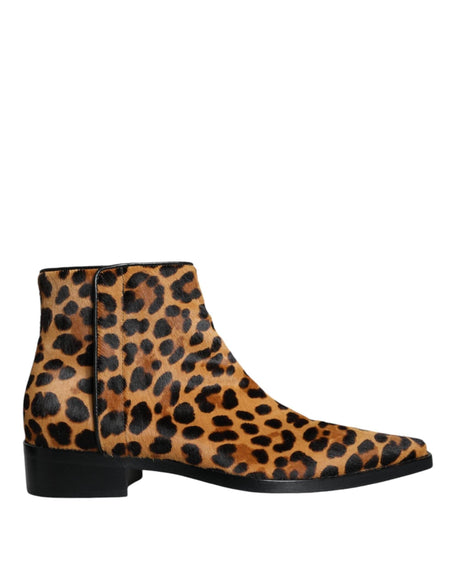 Dolce & Gabbana Brown Leopard Calf Fur Ankle Boots Shoes - Hilstor